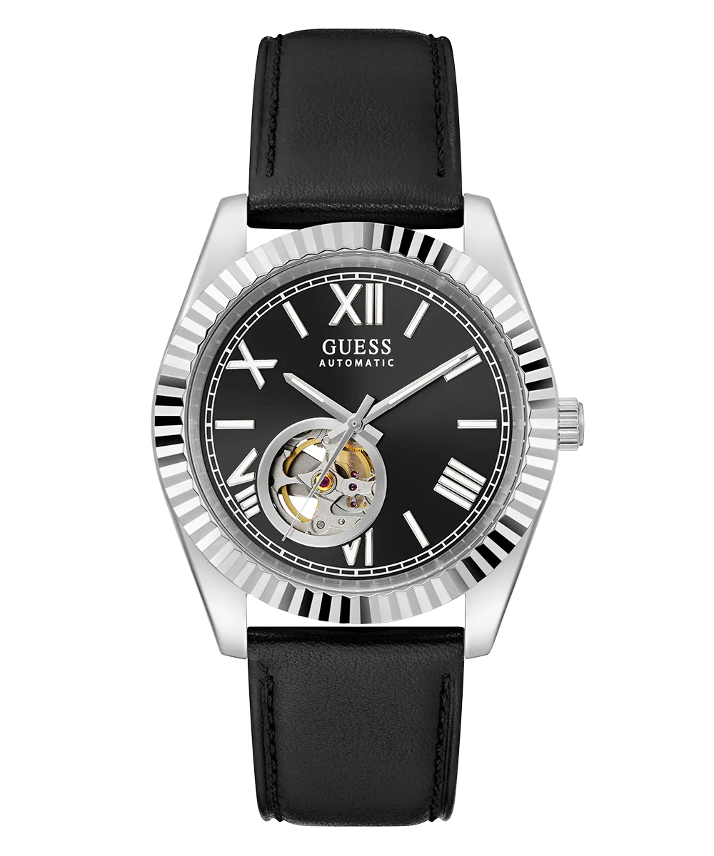 GUESS Mens Black Silver Tone Automatic Watch