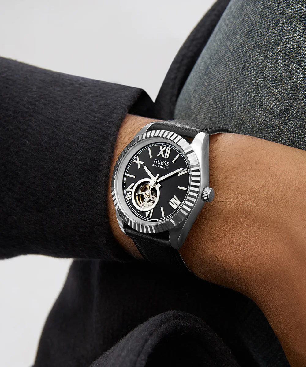 GUESS Mens Black Silver Tone Automatic Watch