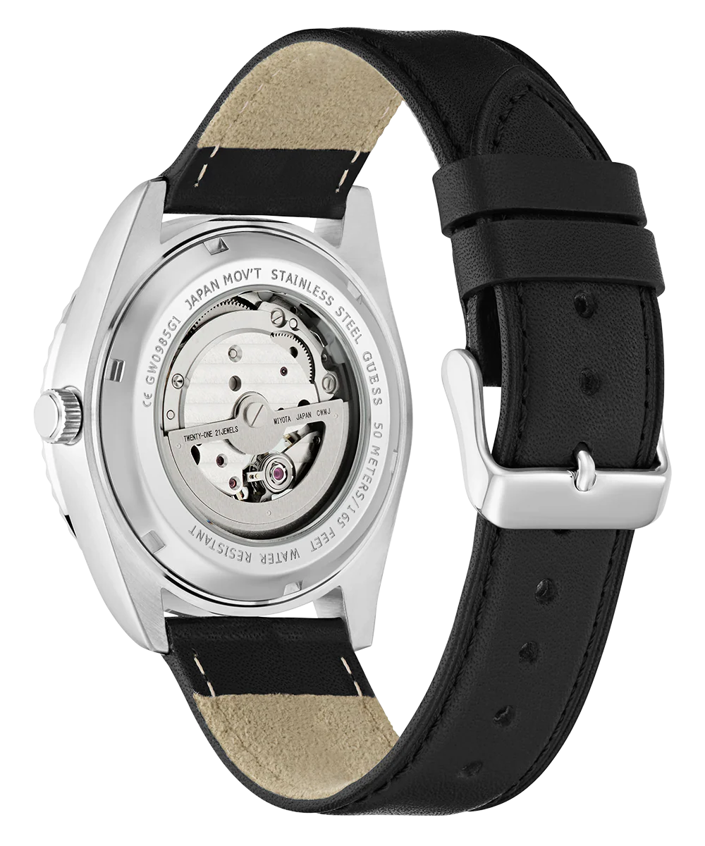 GUESS Mens Black Silver Tone Automatic Watch