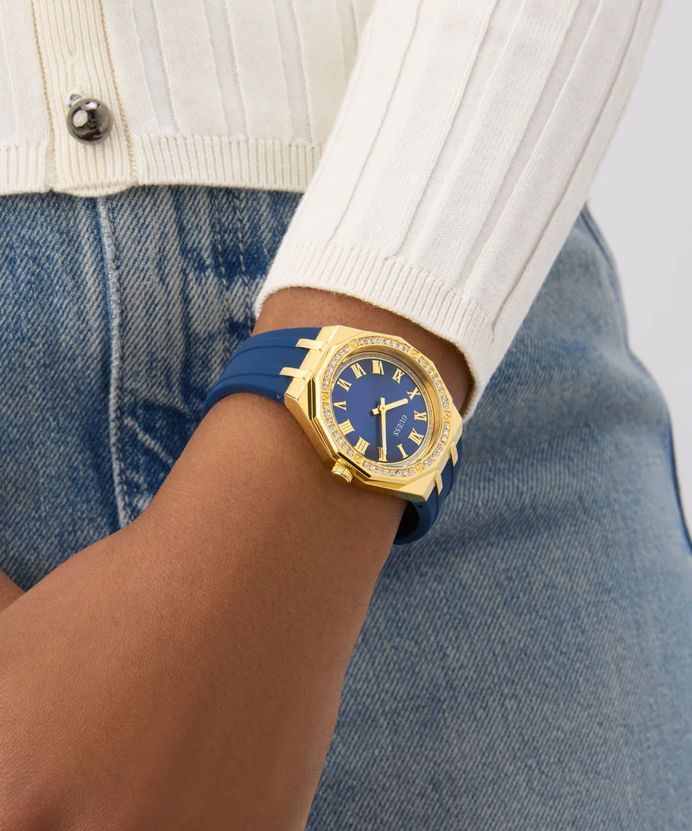 GUESS Ladies Blue Gold Tone Analog Watch
