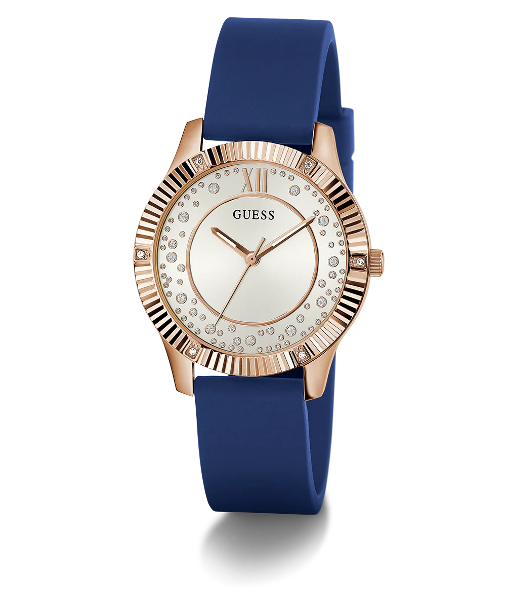 GUESS Ladies Blue Rose Gold Tone Analog Watch