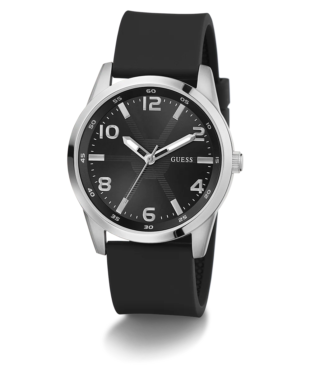 GUESS Mens Black Silver Tone Analog Watch