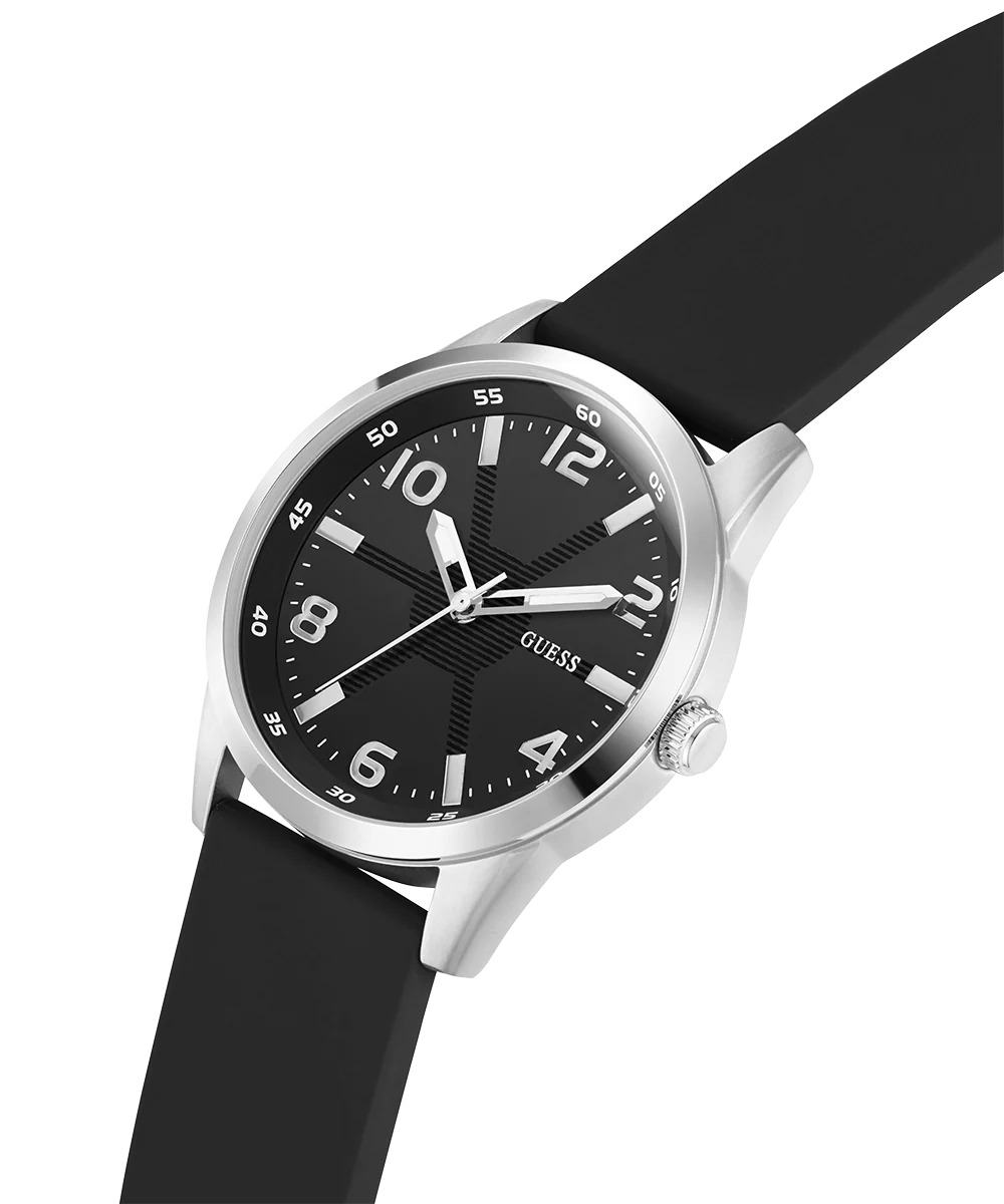GUESS Mens Black Silver Tone Analog Watch