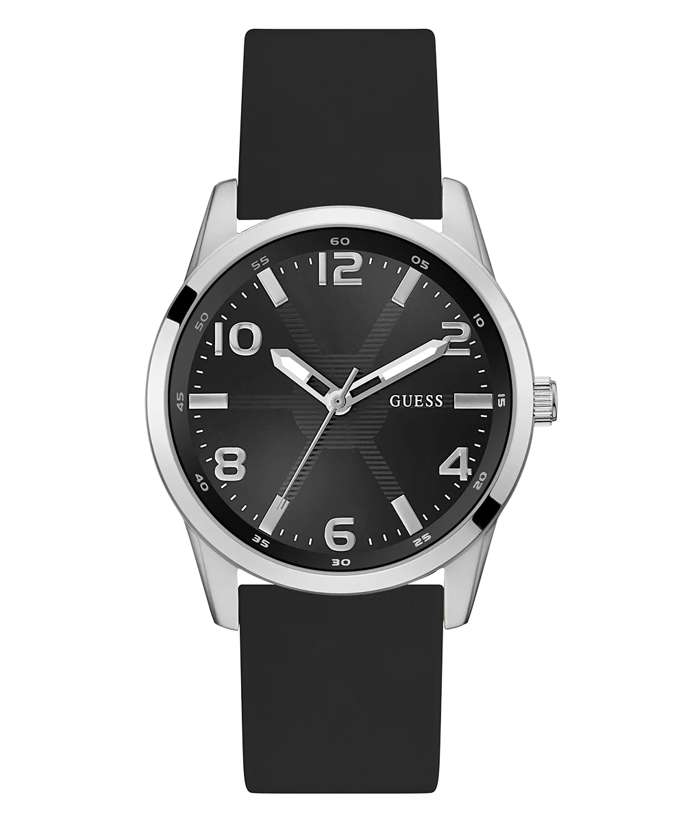 GUESS Mens Black Silver Tone Analog Watch