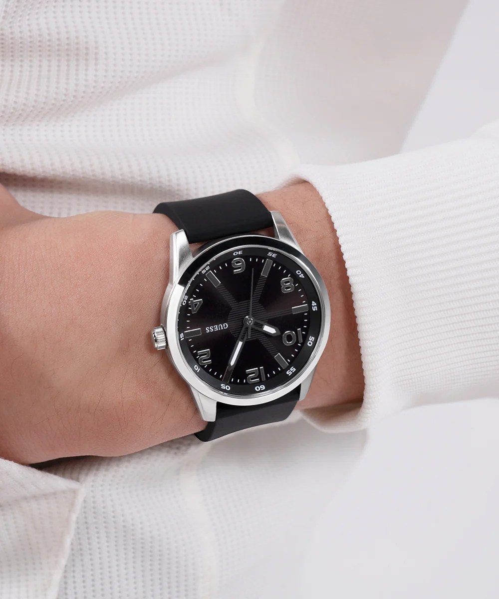 GUESS Mens Black Silver Tone Analog Watch