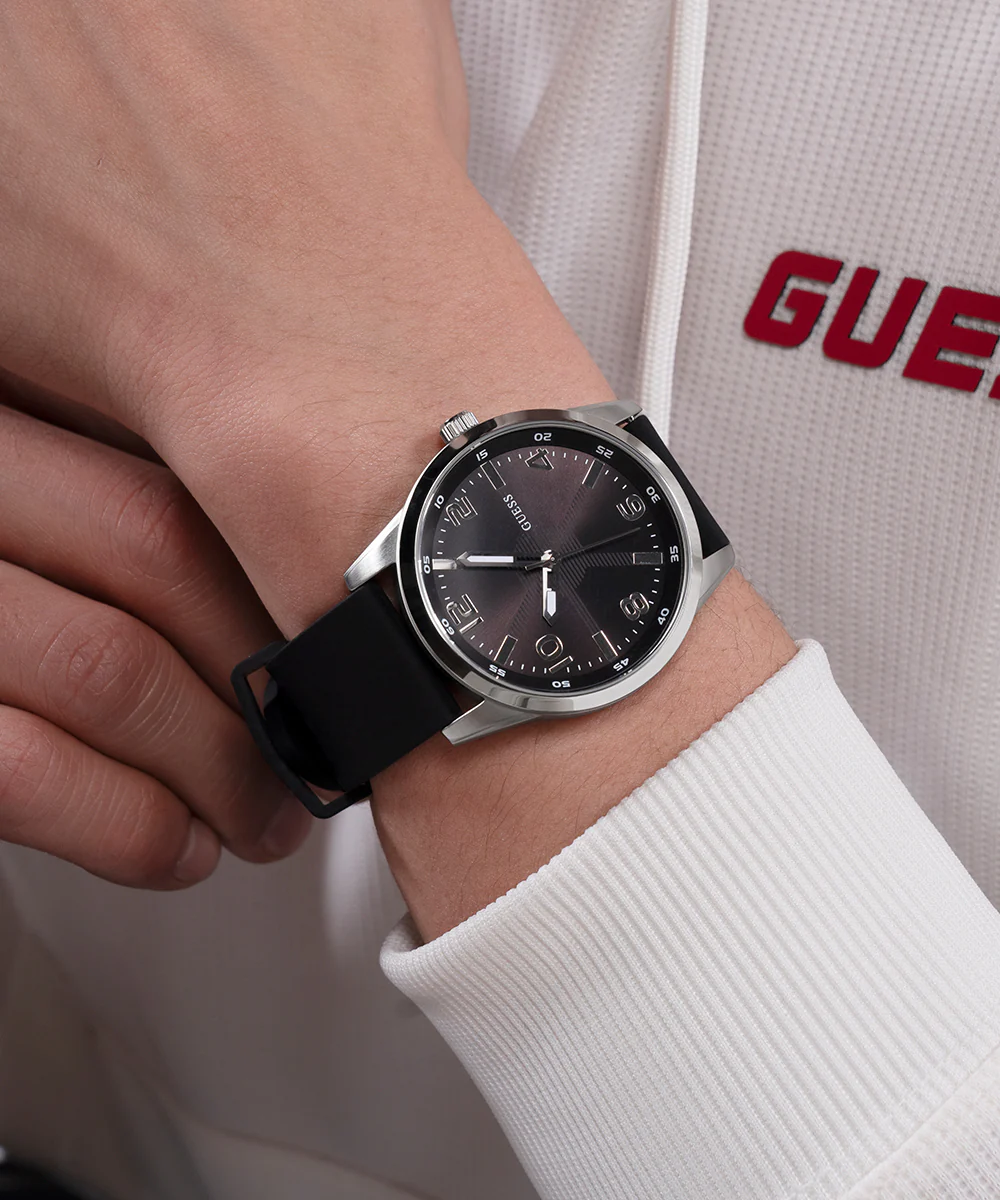 GUESS Mens Black Silver Tone Analog Watch