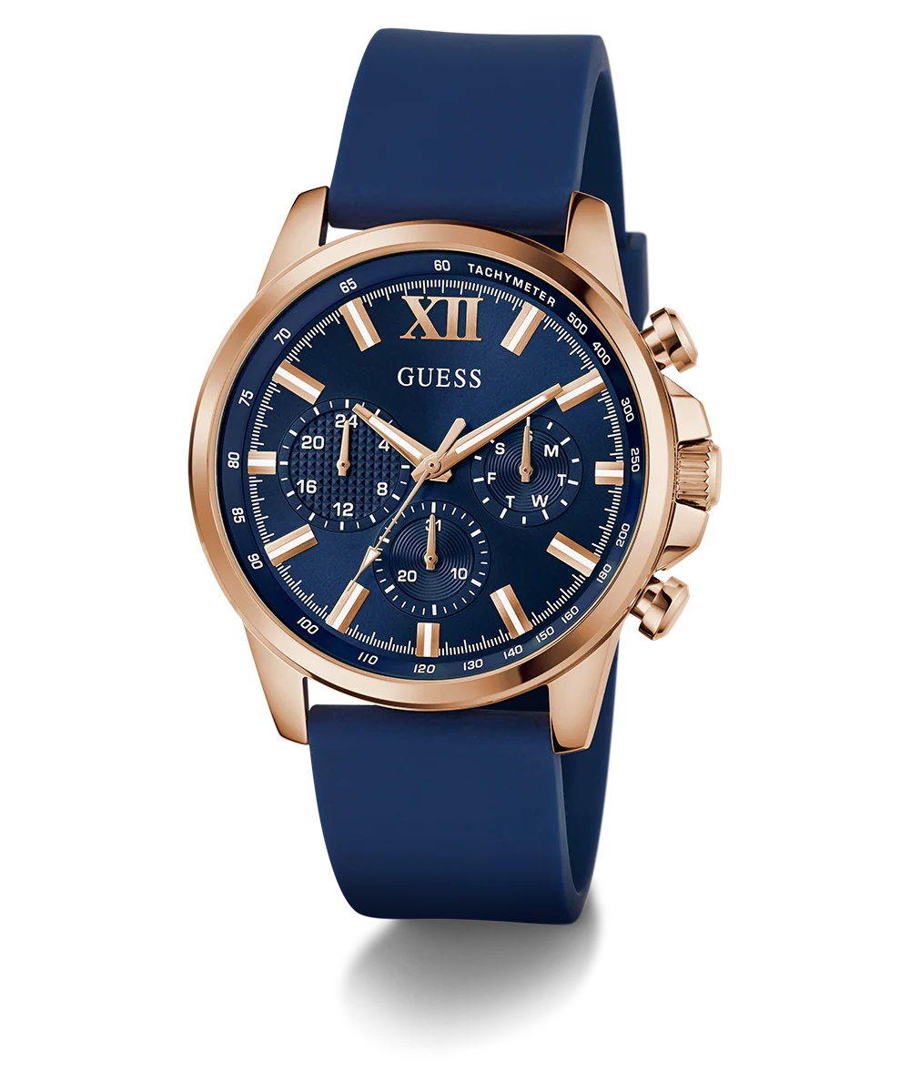 GUESS Mens Blue Rose Gold Tone Multi-function Watch