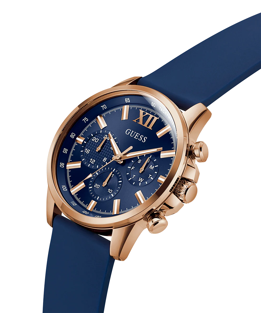 GUESS Mens Blue Rose Gold Tone Multi-function Watch