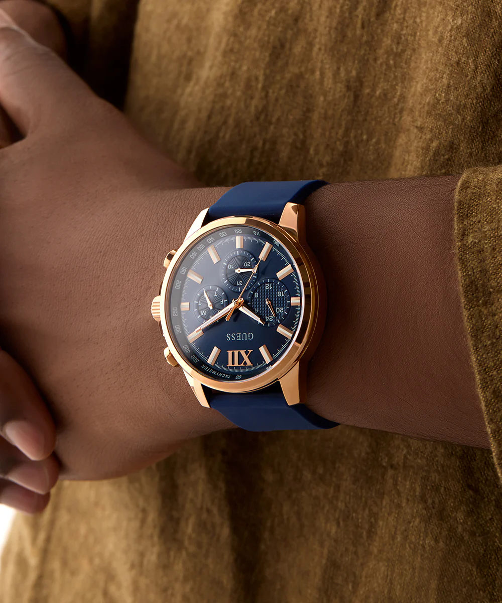 GUESS Mens Blue Rose Gold Tone Multi-function Watch