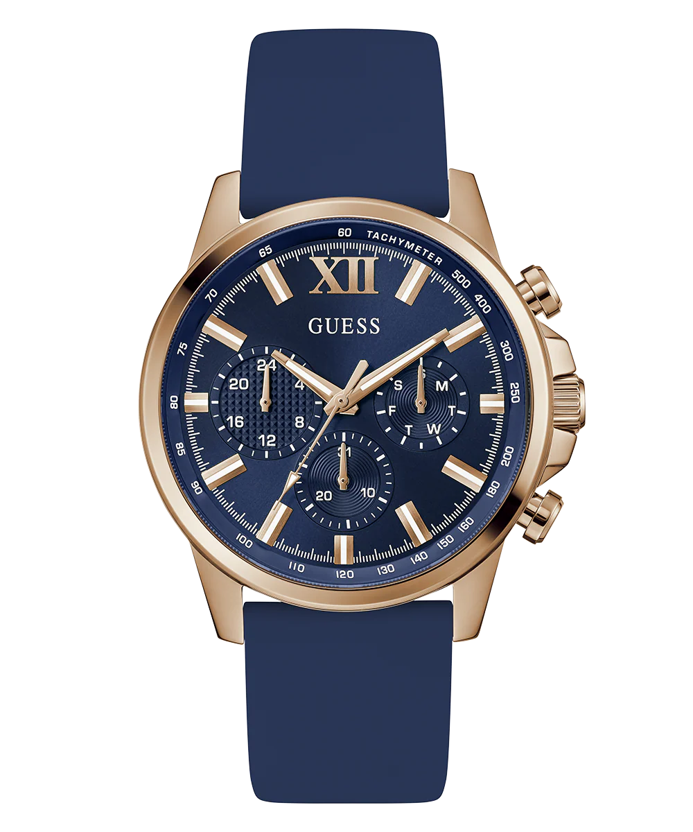 GUESS Mens Blue Rose Gold Tone Multi-function Watch
