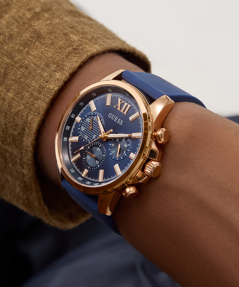 GUESS Mens Blue Rose Gold Tone Multi-function Watch