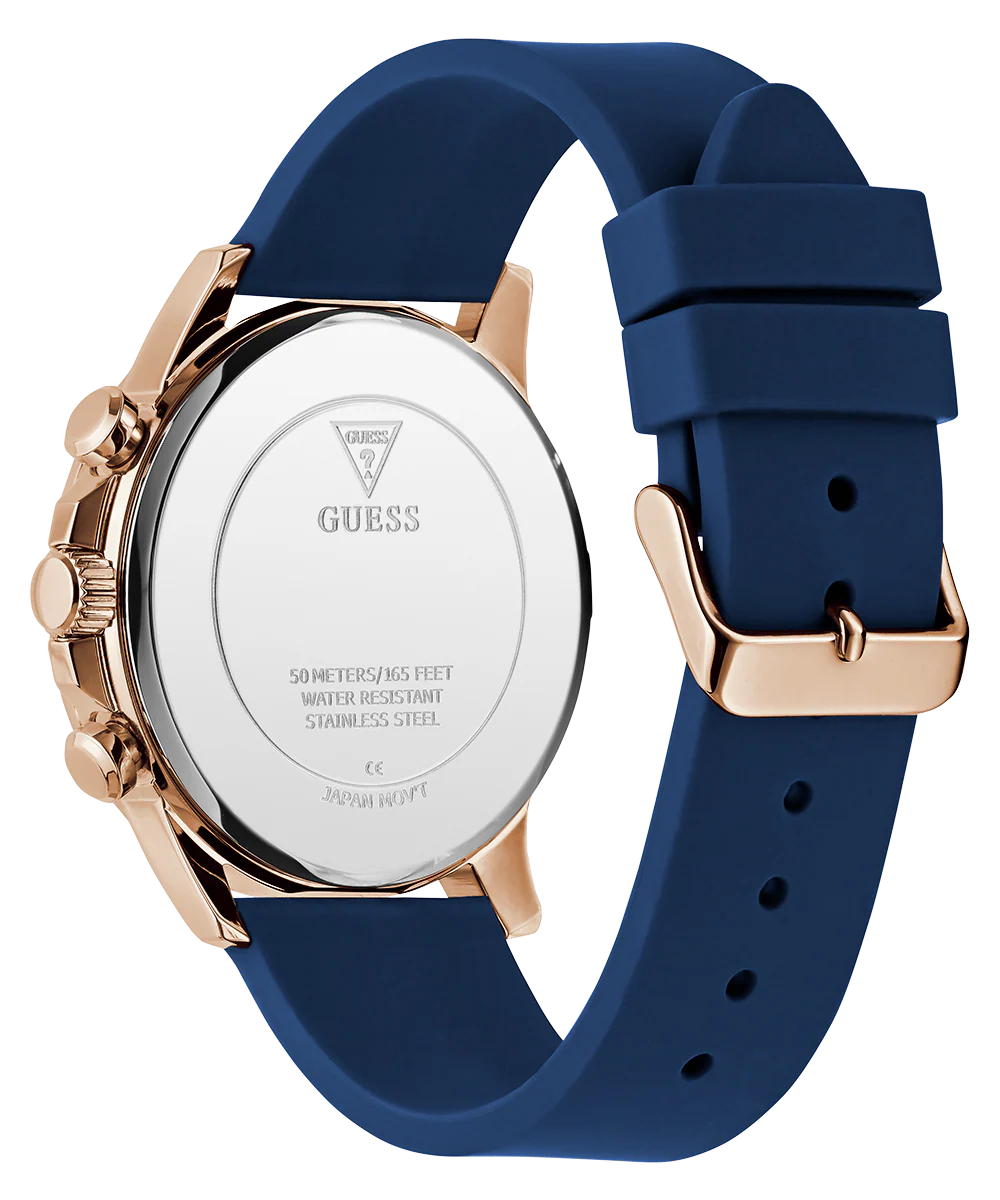 GUESS Mens Blue Rose Gold Tone Multi-function Watch