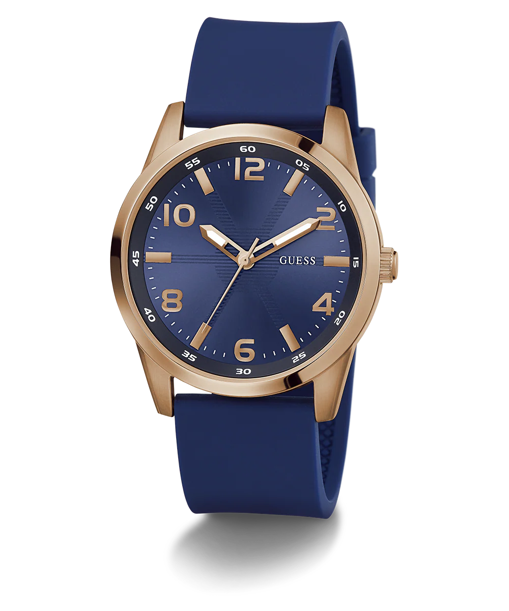 GUESS Mens Blue Rose Gold Tone Analog Watch