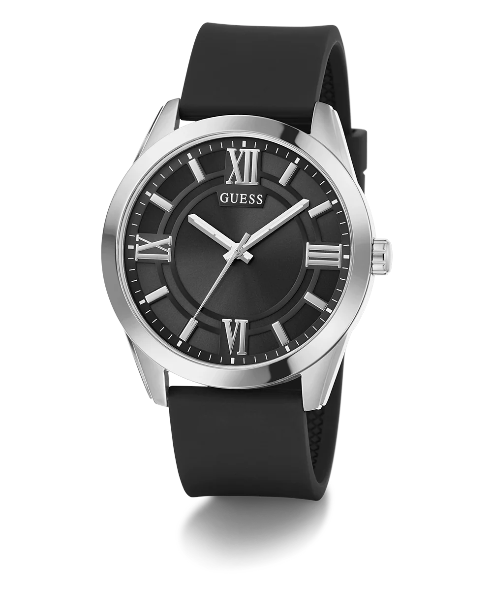 GUESS Mens Black Silver Tone Analog Watch