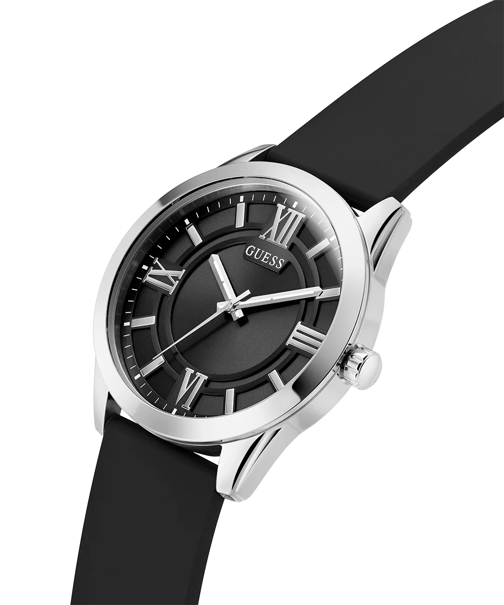 GUESS Mens Black Silver Tone Analog Watch