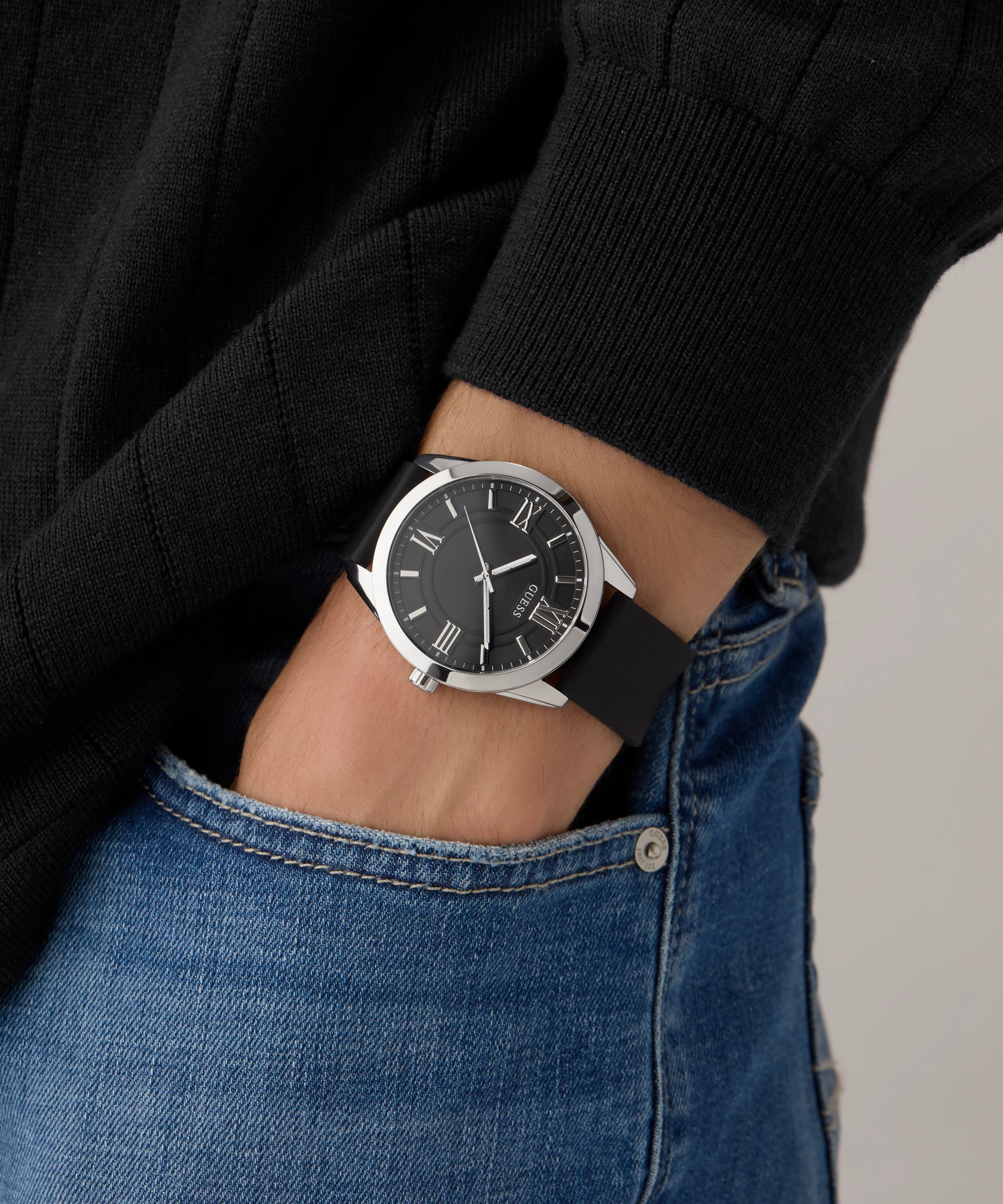 GUESS Mens Black Silver Tone Analog Watch