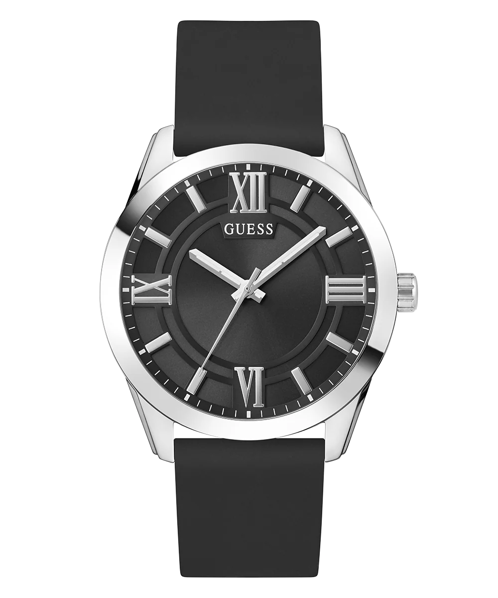 GUESS Mens Black Silver Tone Analog Watch