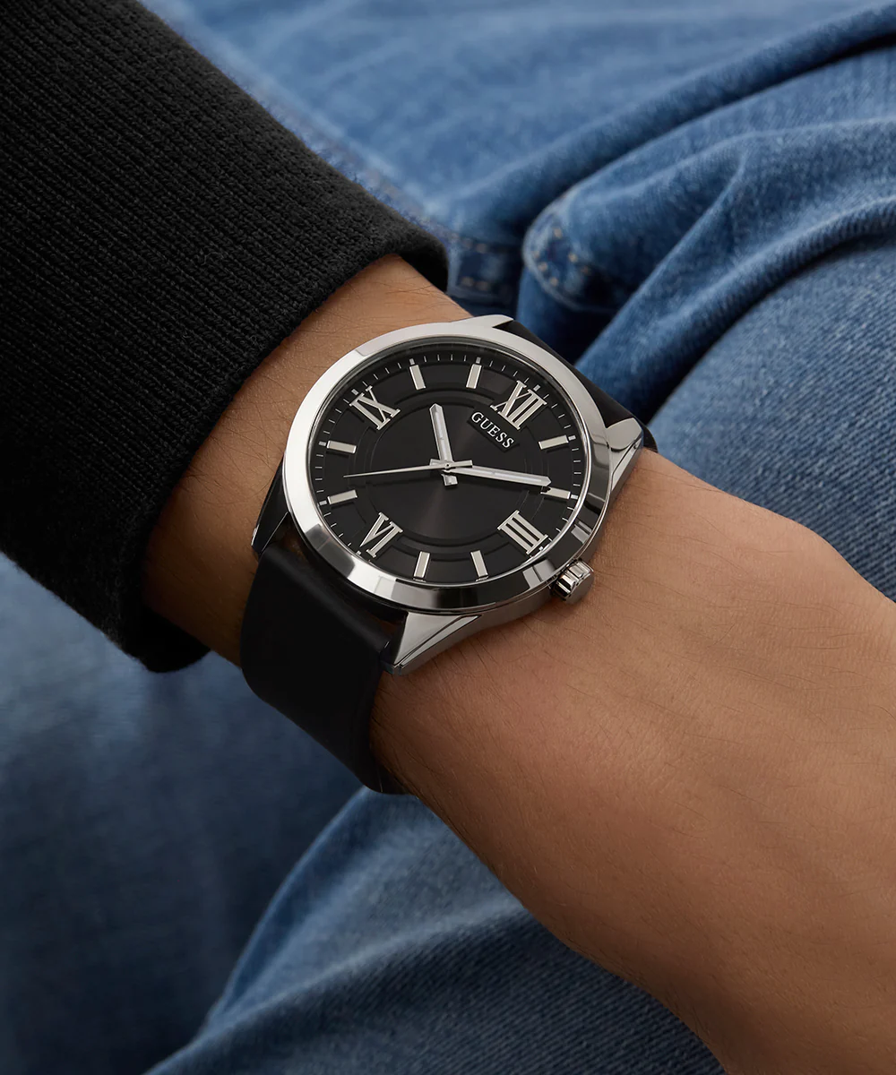 GUESS Mens Black Silver Tone Analog Watch