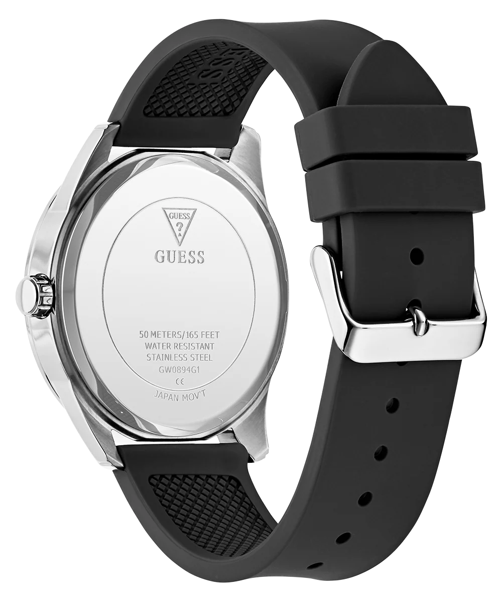 GUESS Mens Black Silver Tone Analog Watch