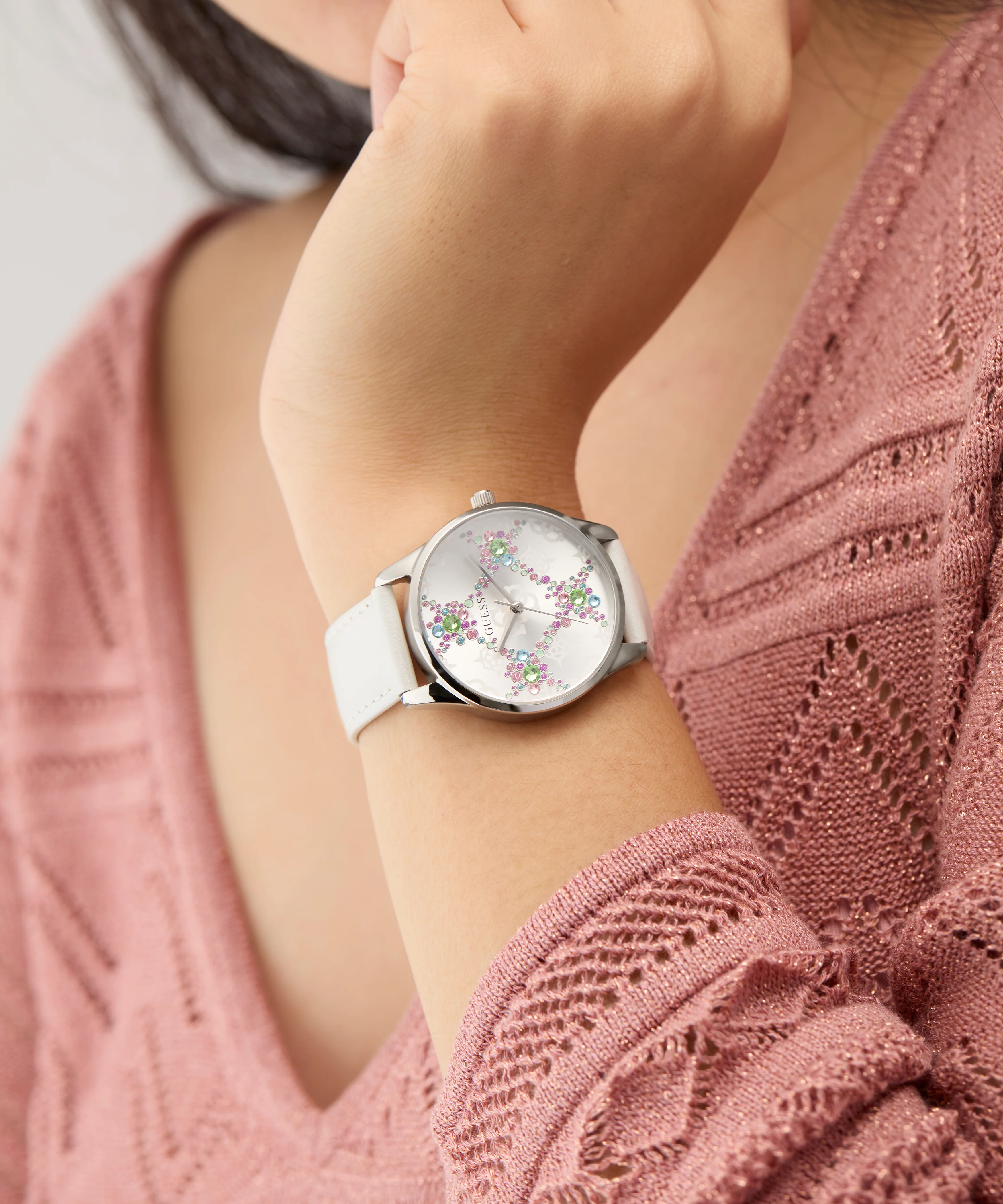 GUESS Ladies White Silver Tone Analog Watch