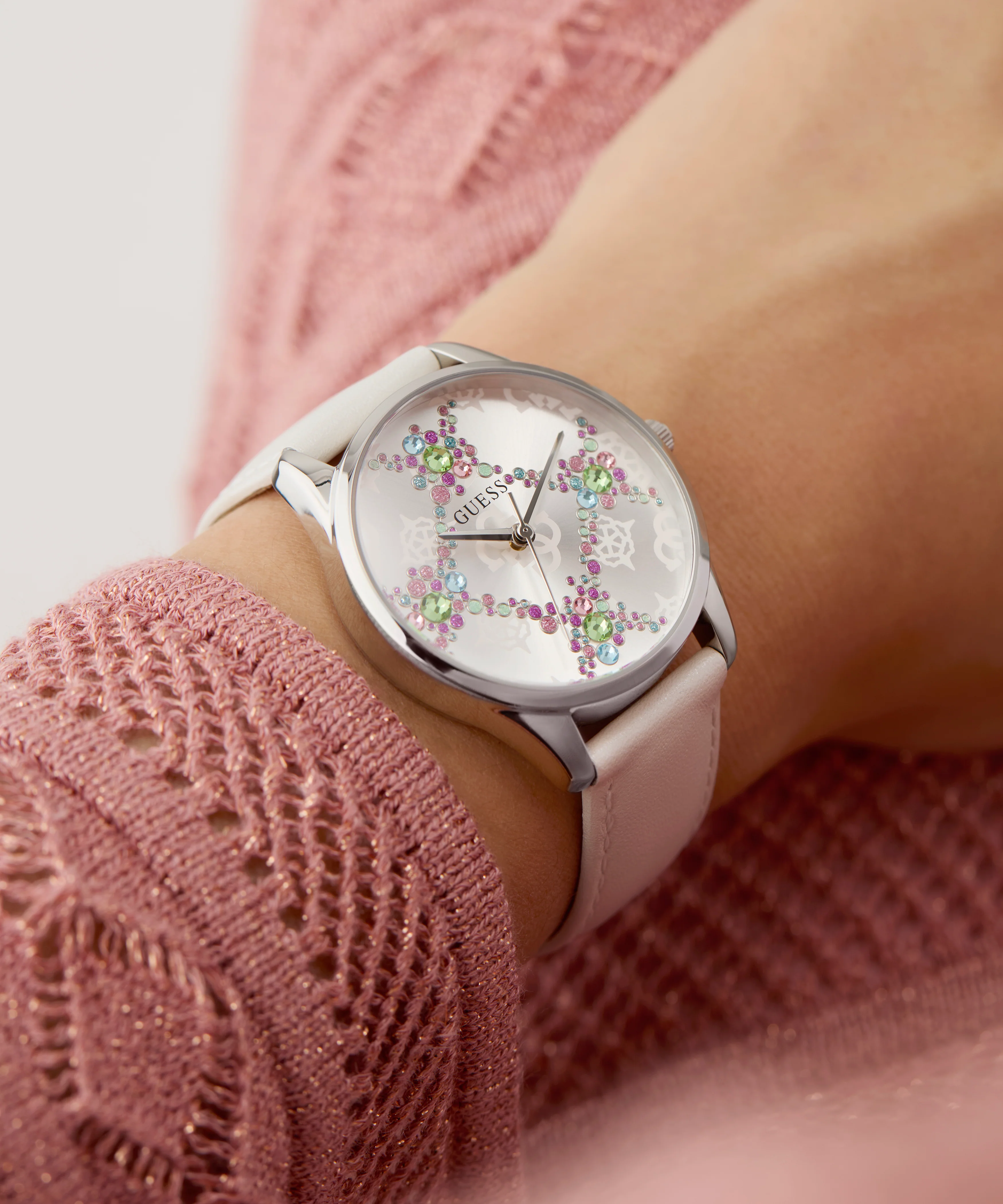 GUESS Ladies White Silver Tone Analog Watch