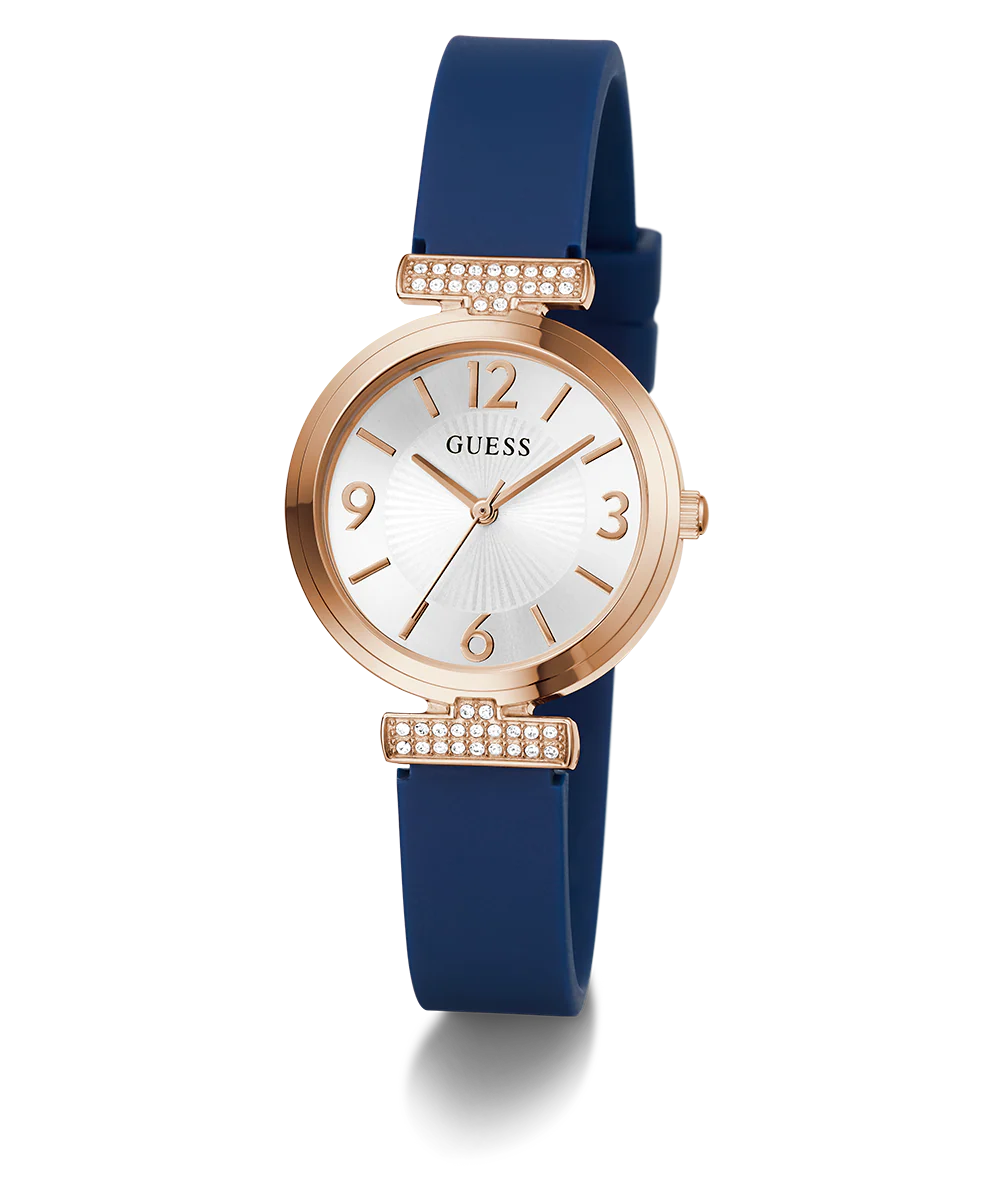 GUESS Ladies Blue Rose Gold Tone Analog Watch