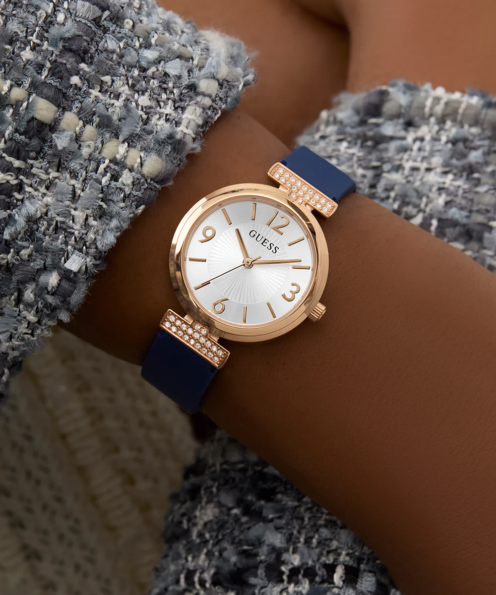 GUESS Ladies Blue Rose Gold Tone Analog Watch