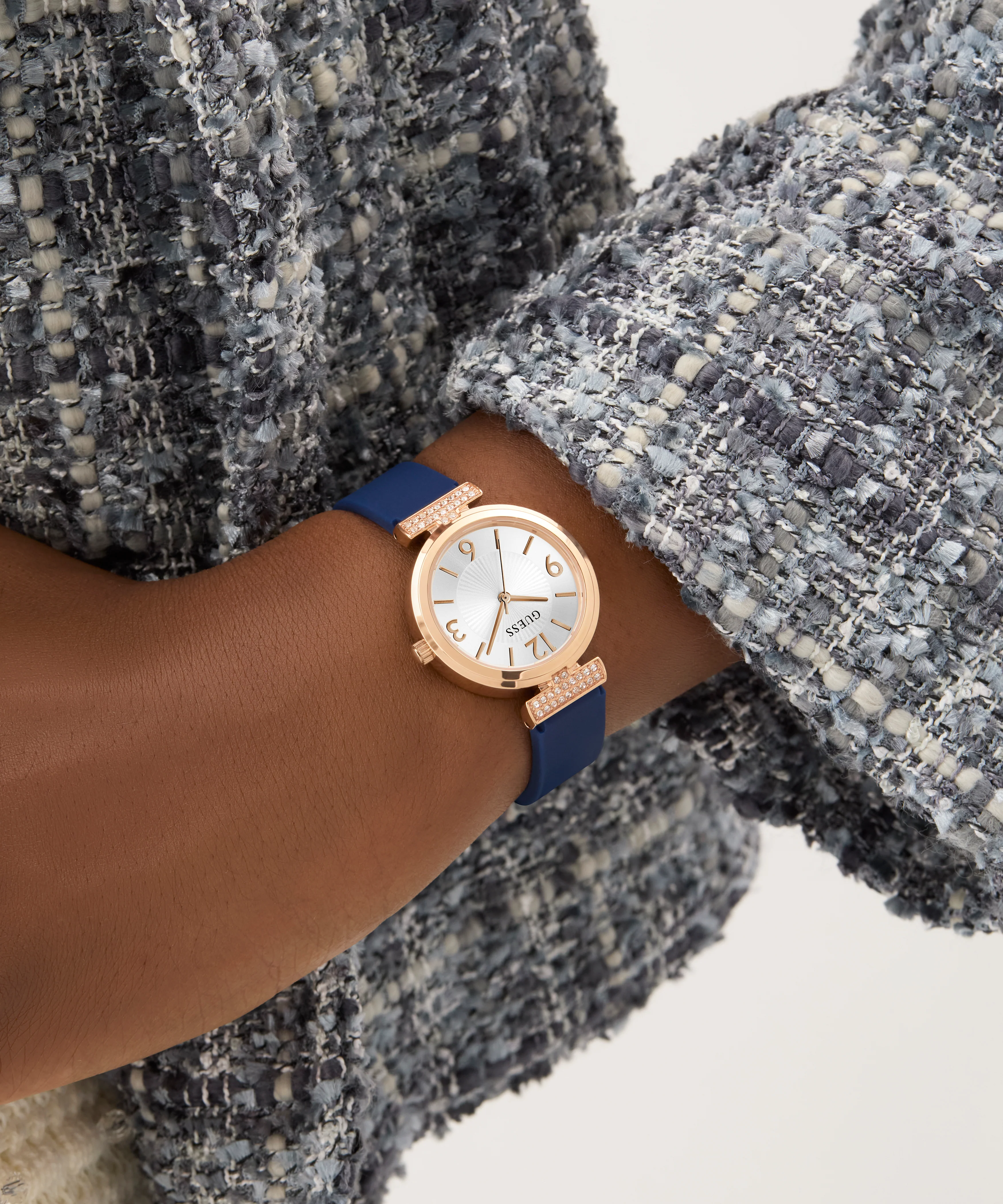 GUESS Ladies Blue Rose Gold Tone Analog Watch