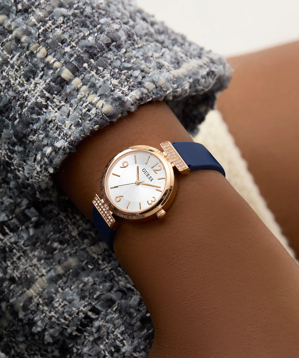 GUESS Ladies Blue Rose Gold Tone Analog Watch