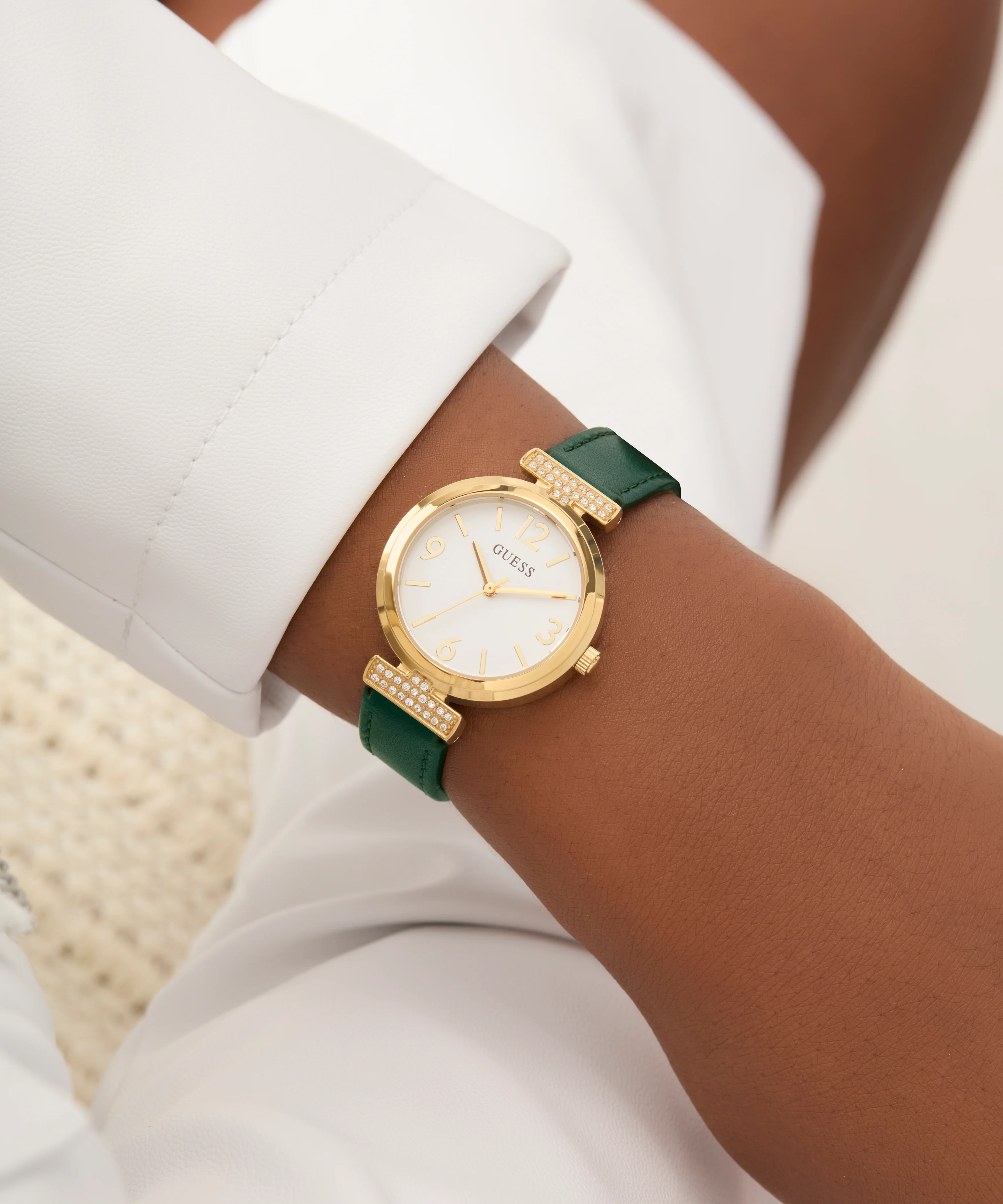 GUESS Ladies Green Gold Tone Analog Watch