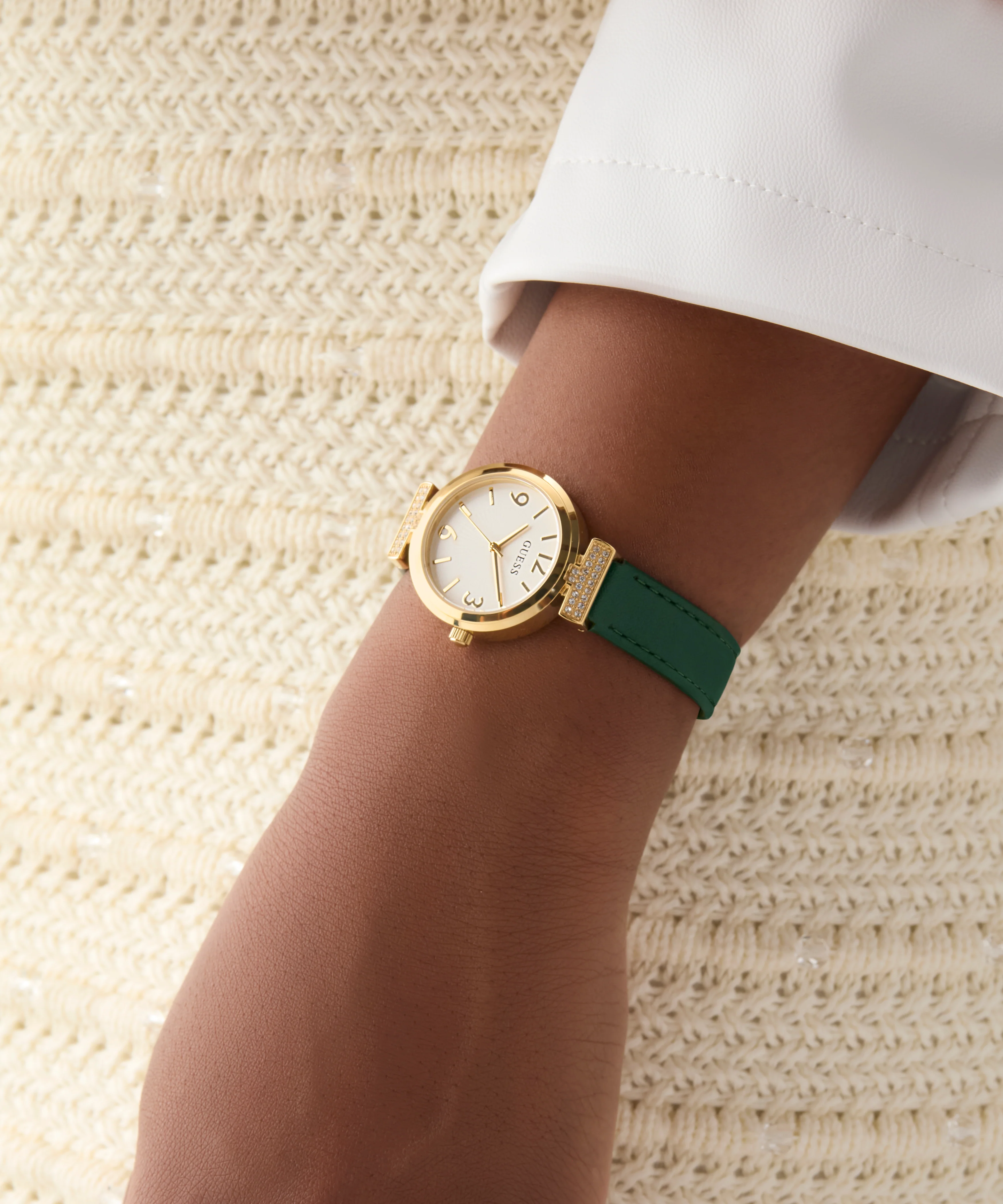 GUESS Ladies Green Gold Tone Analog Watch