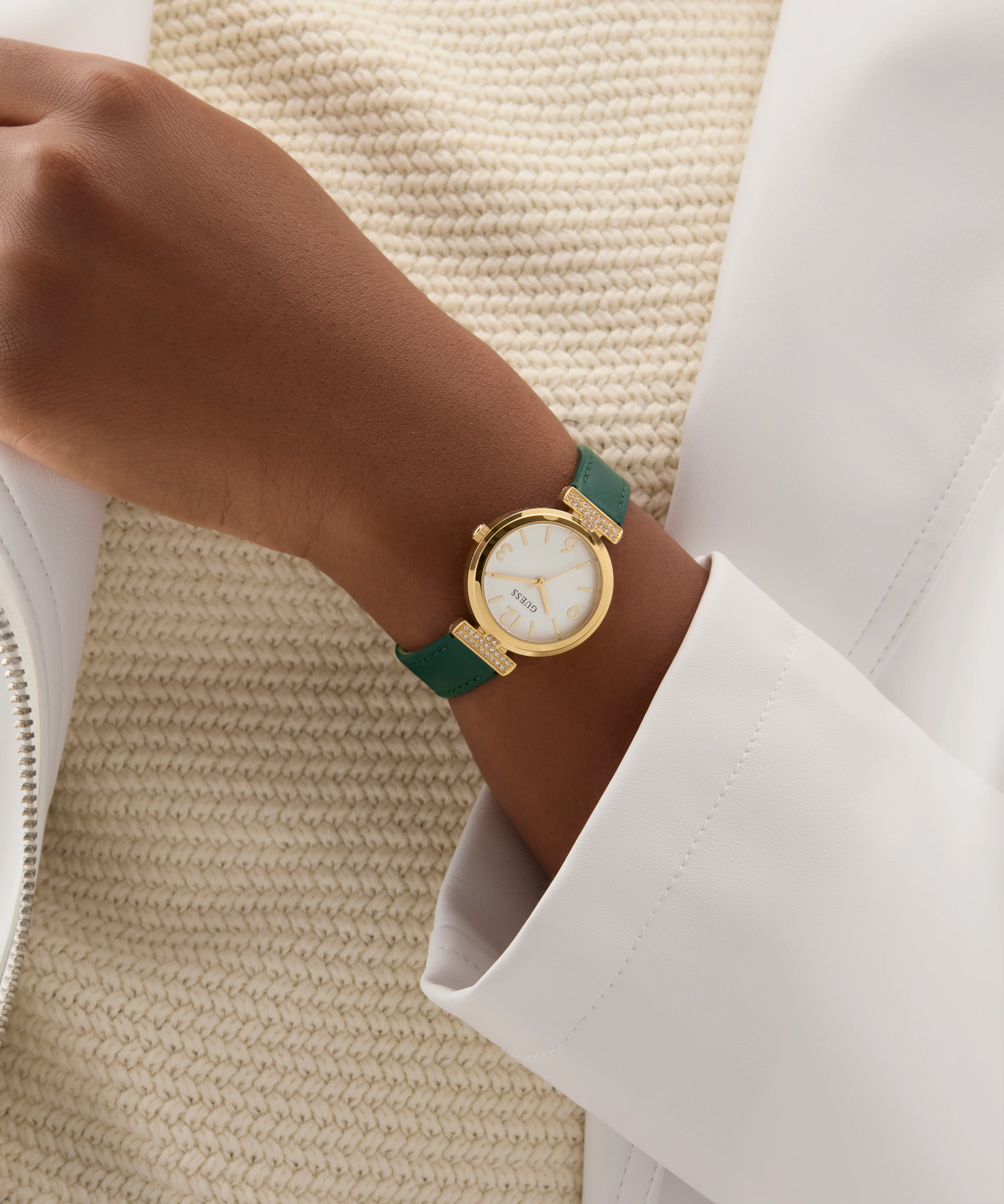 GUESS Ladies Green Gold Tone Analog Watch