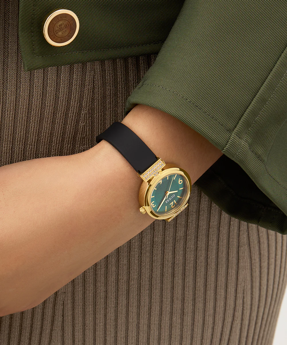 GUESS Ladies Black Gold Tone Analog Watch