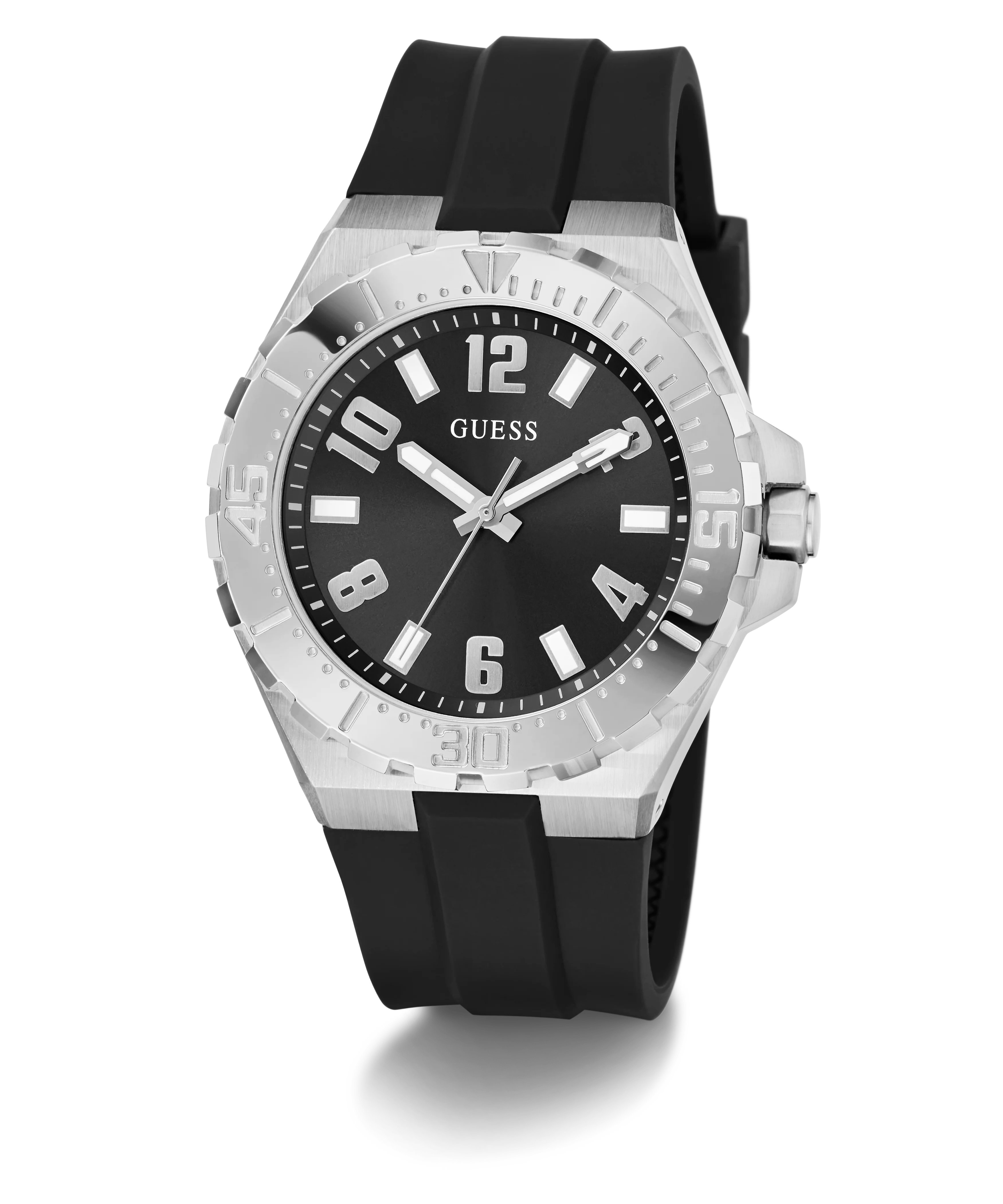GUESS Mens Black Silver Tone Analog Watch