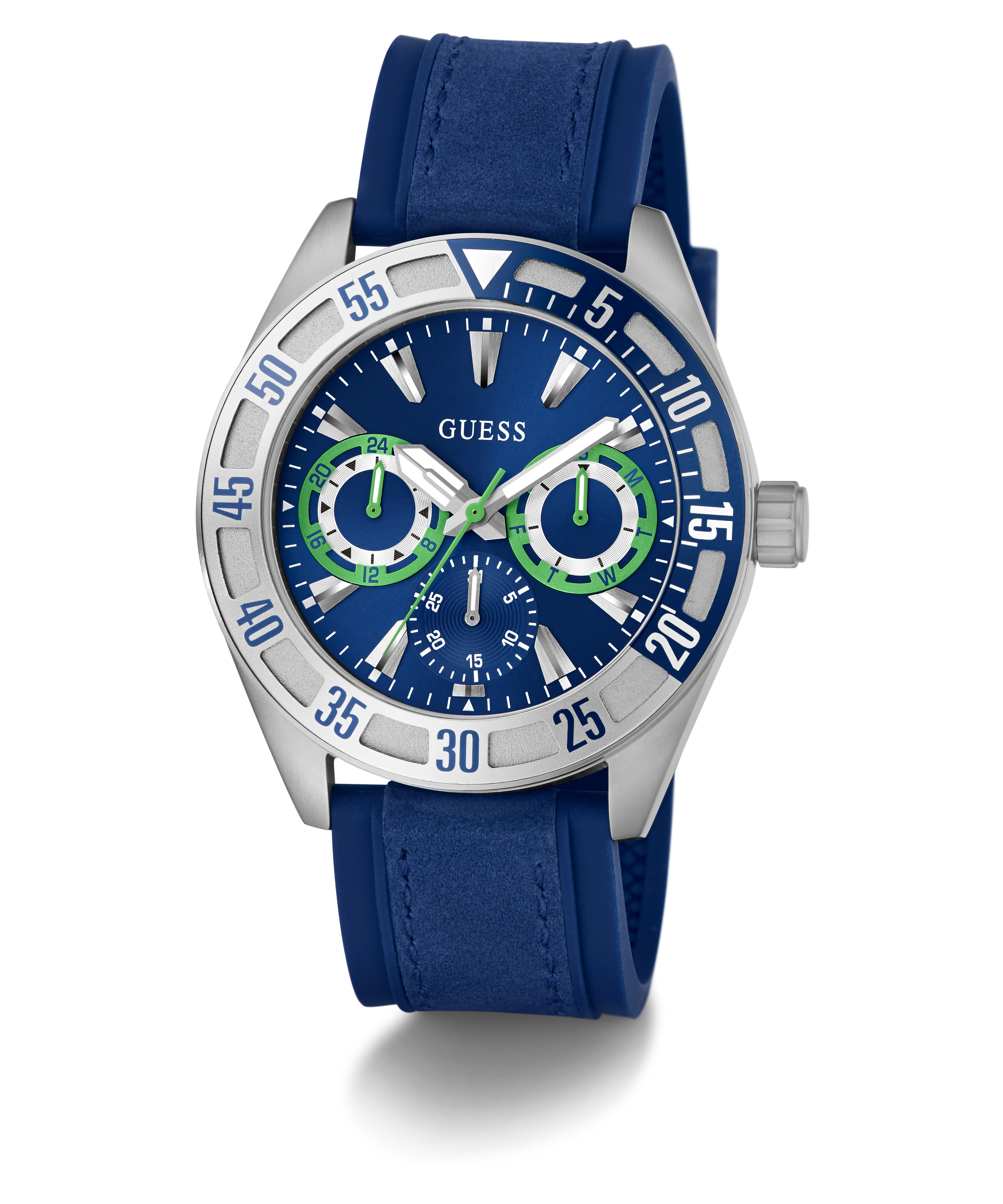 GUESS Mens Blue Silver Tone Multi-function Watch