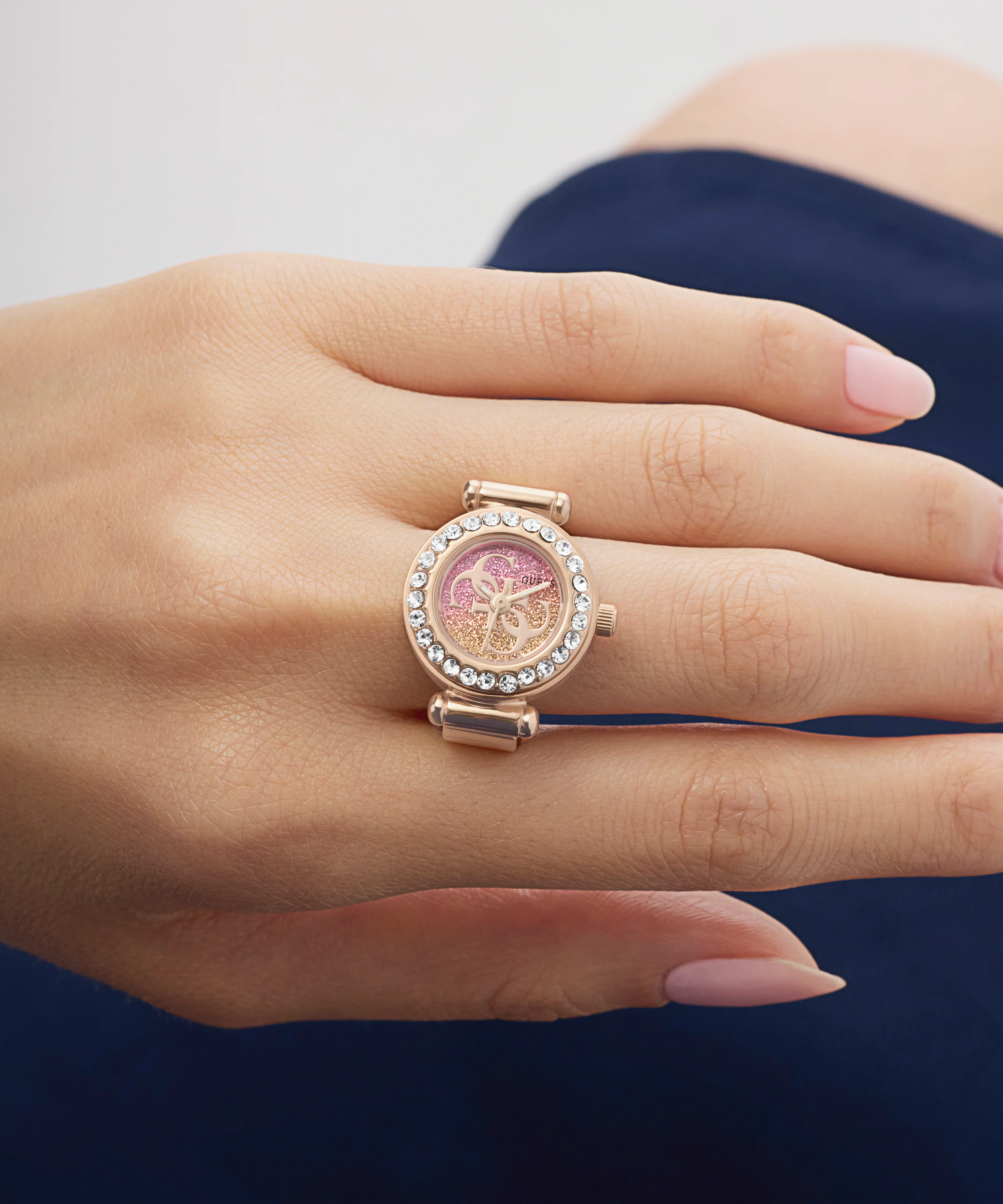 GUESS Ladies Large Anna Rose Gold Tone Analog Watch Ring