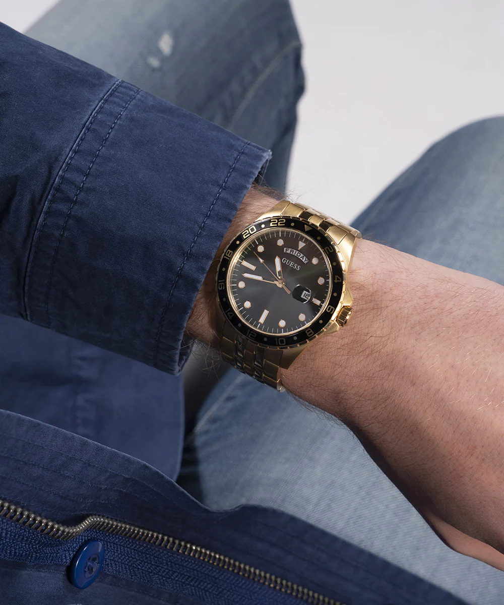 GUESS Mens Gold Tone Day/Date Watch