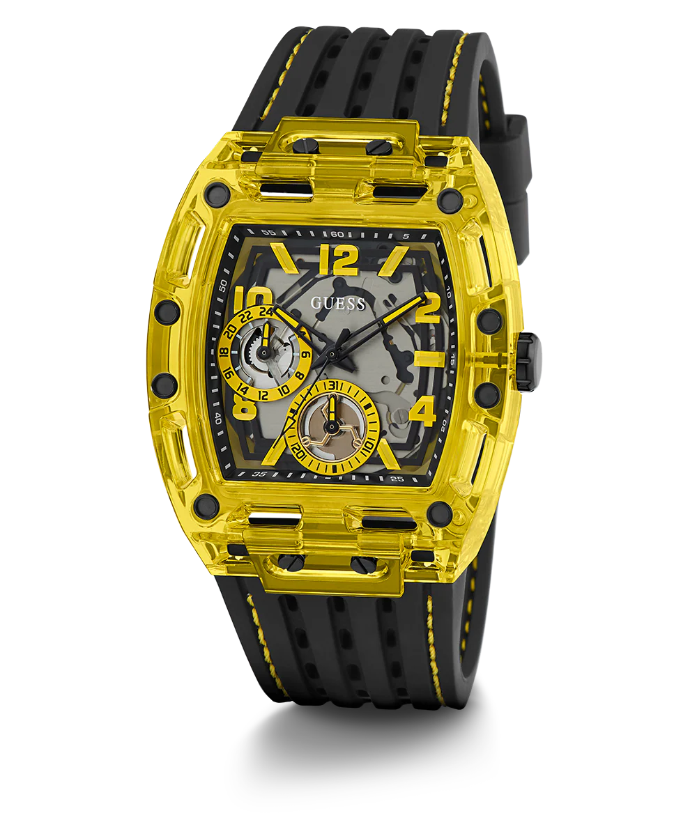 GUESS Mens Black Yellow Multi-function Watch