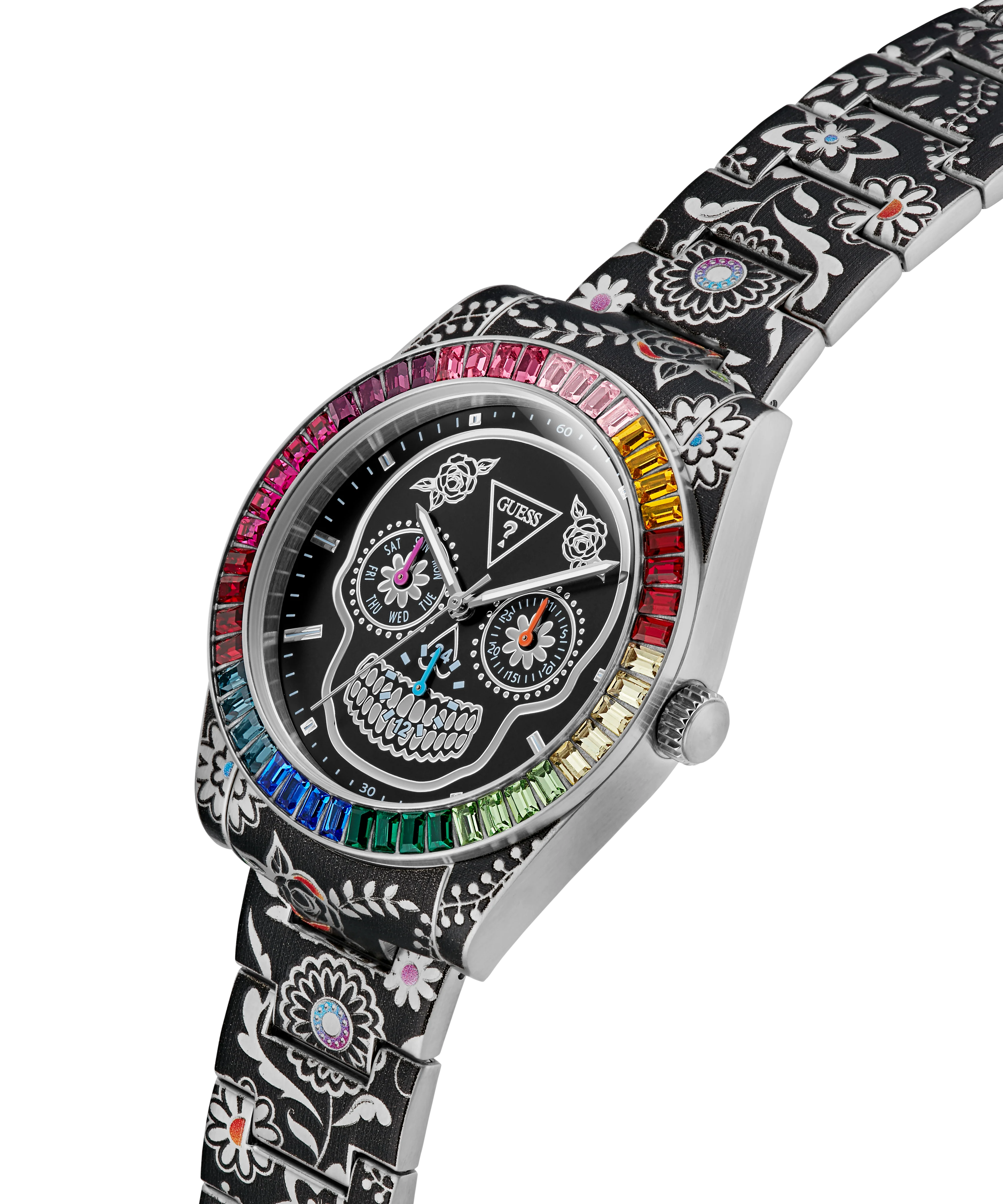 GUESS Mens Day Of The Dead Silver Tone Multi-function Watch