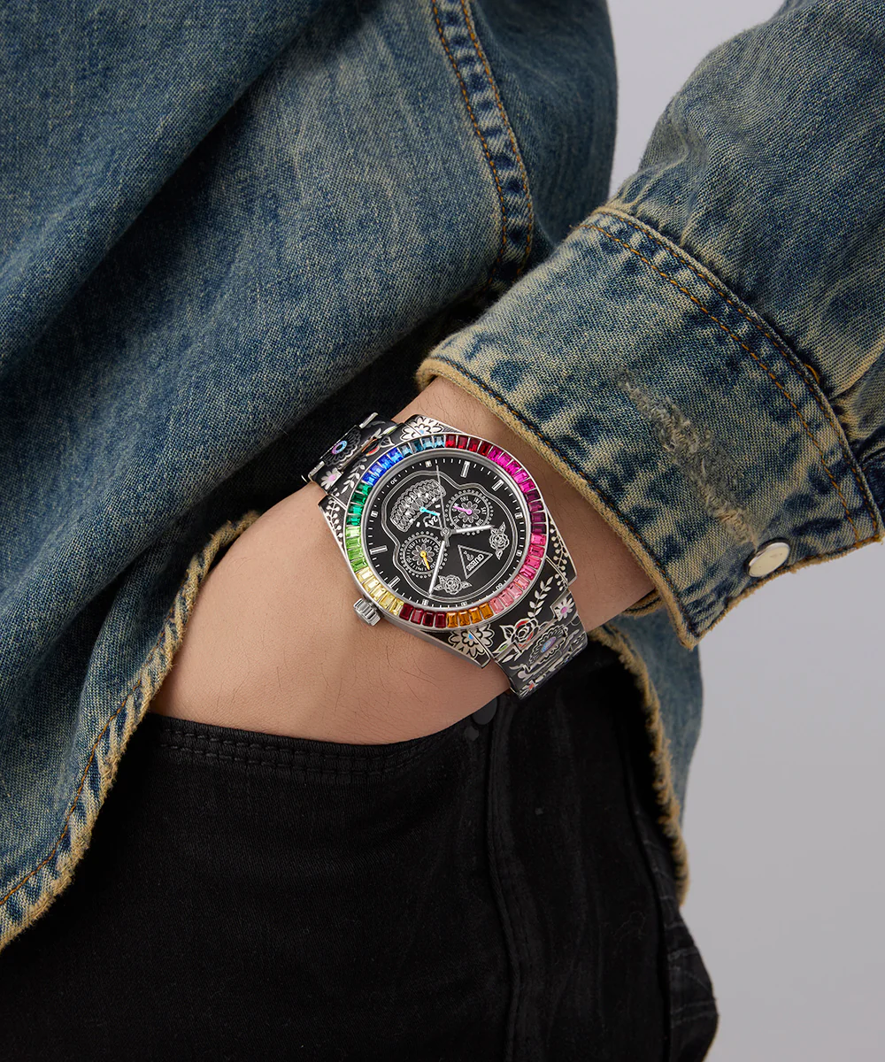 GUESS Mens Day Of The Dead Silver Tone Multi-function Watch
