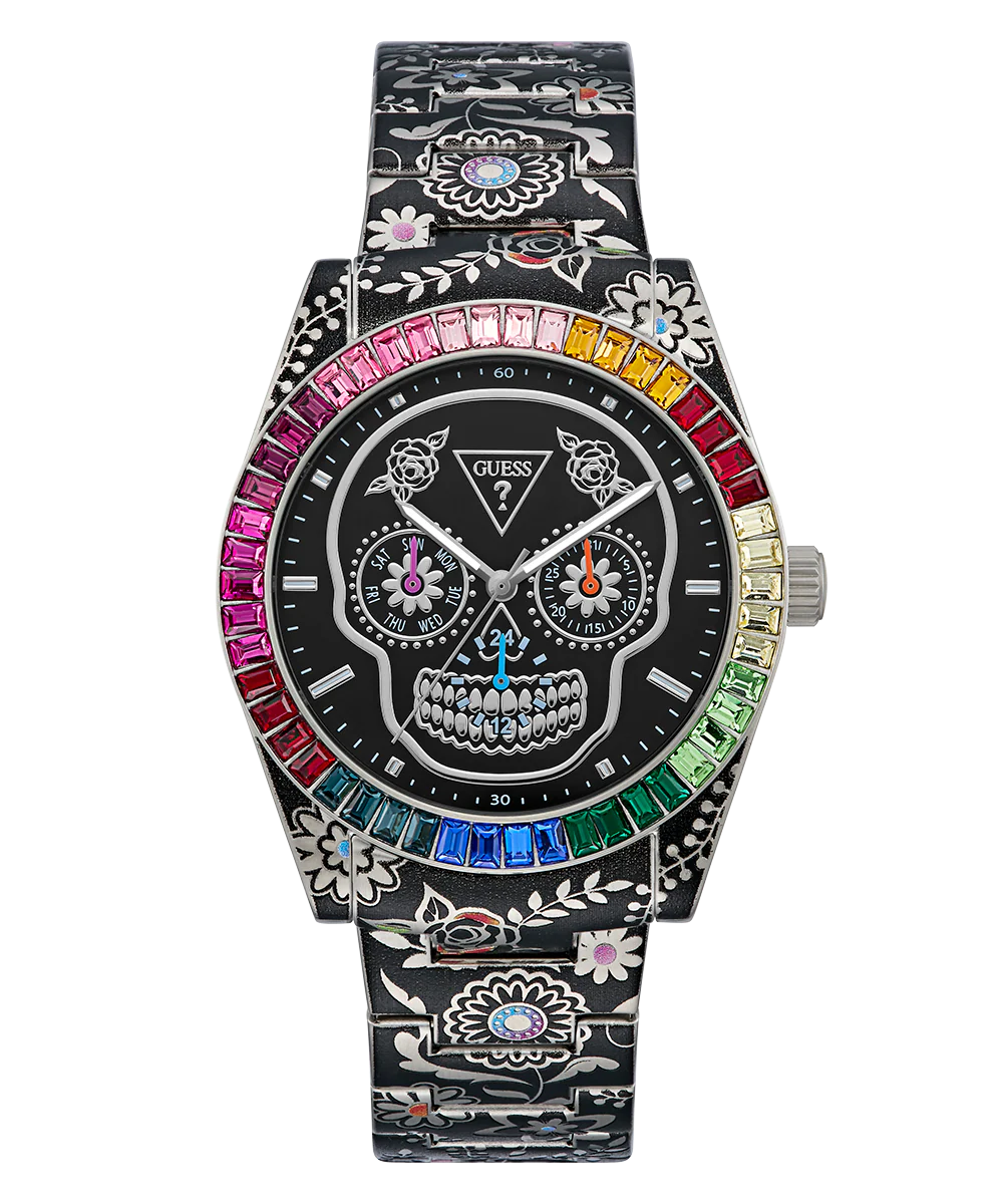 GUESS Mens Day Of The Dead Silver Tone Multi-function Watch