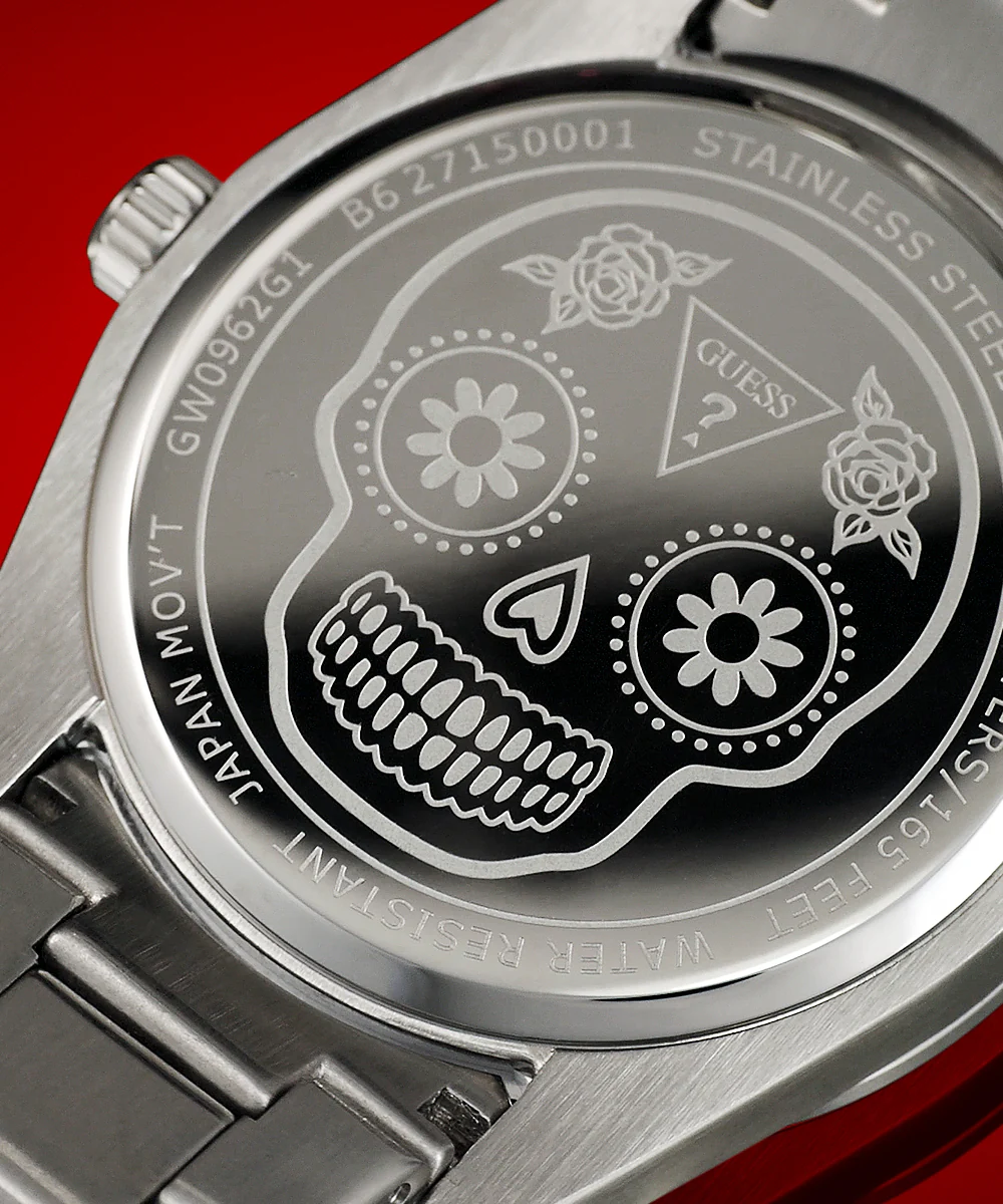 GUESS Mens Day Of The Dead Silver Tone Multi-function Watch