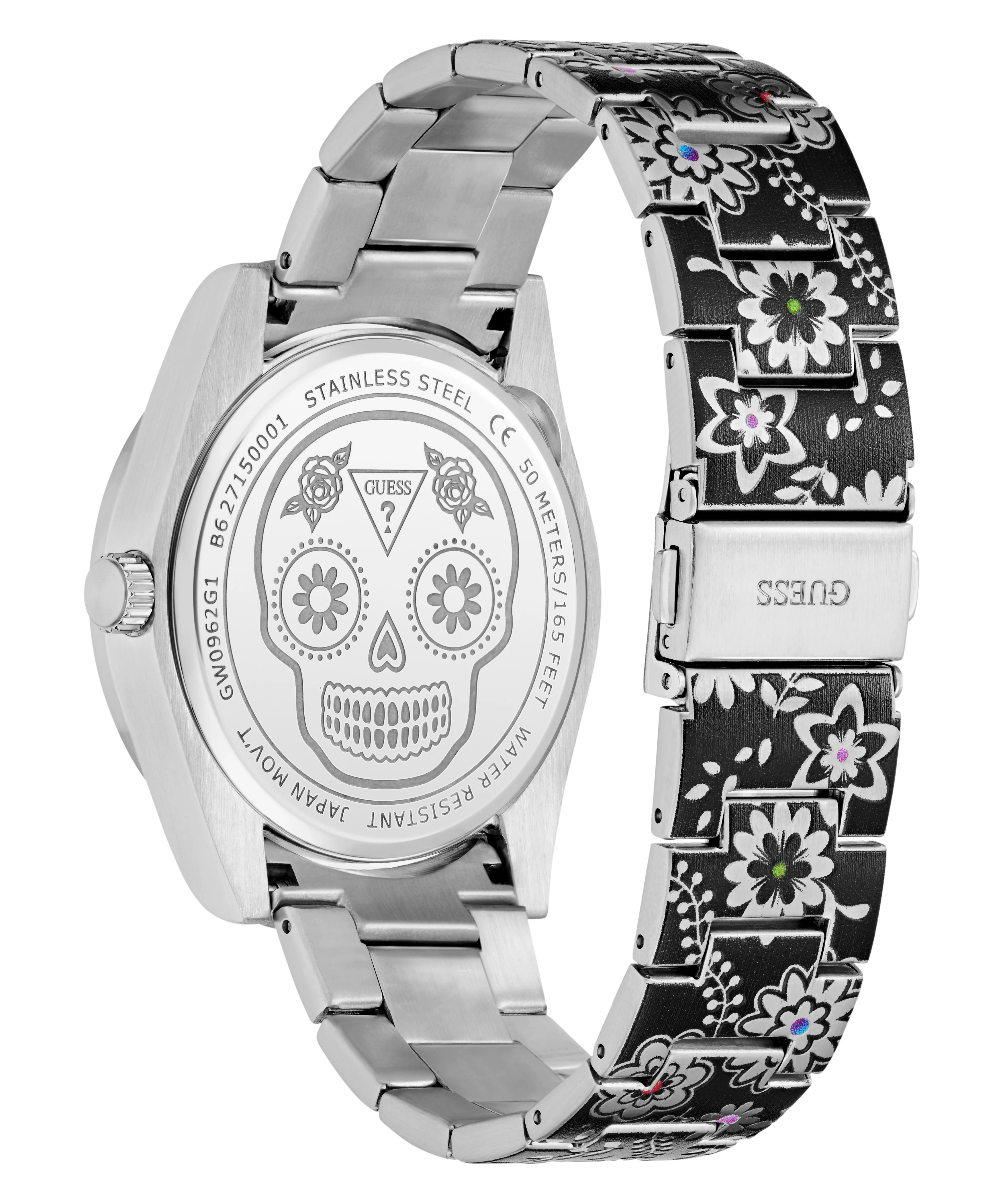 GUESS Mens Day Of The Dead Silver Tone Multi-function Watch