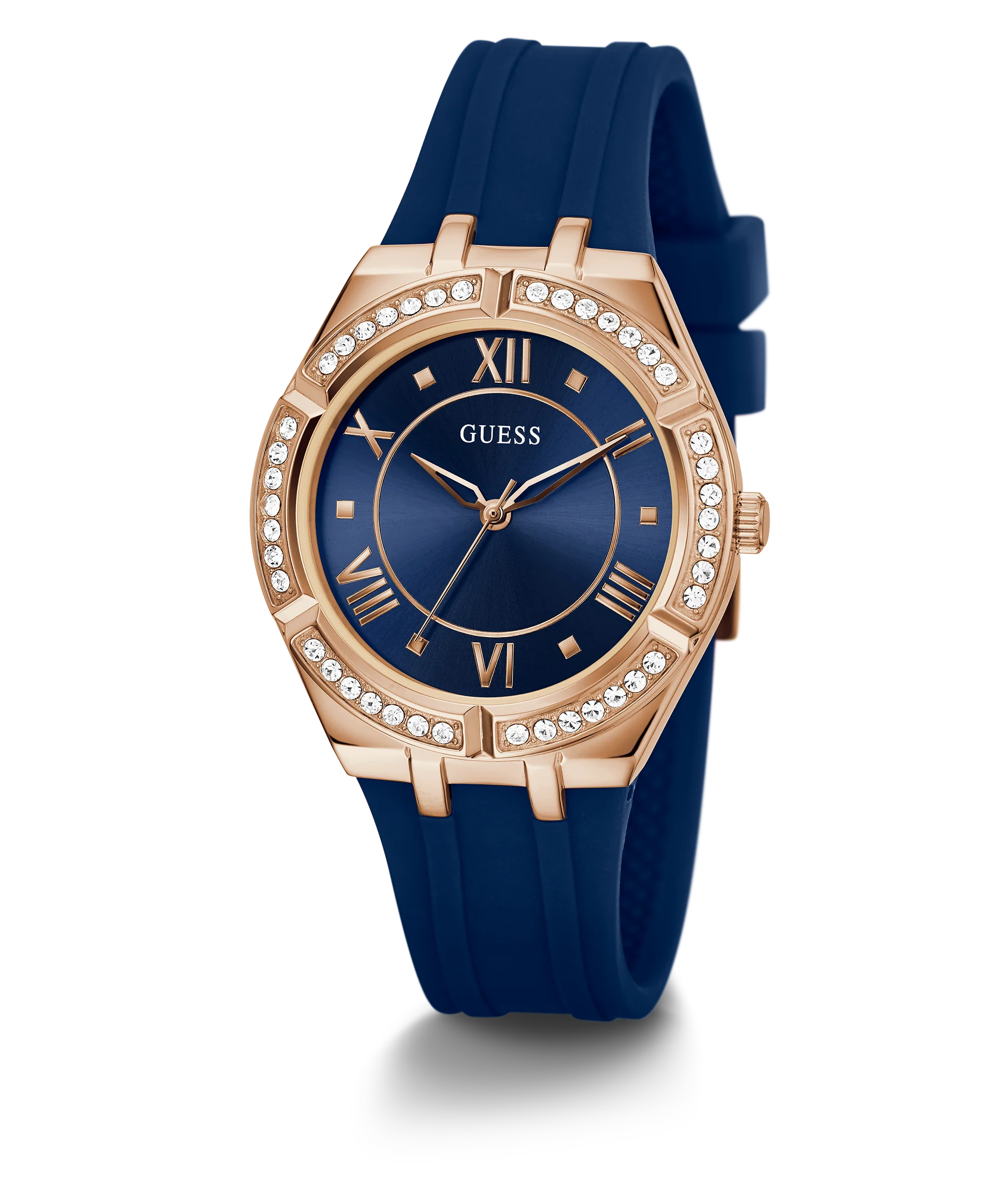 GUESS Ladies Blue Rose Gold Tone Analog Watch