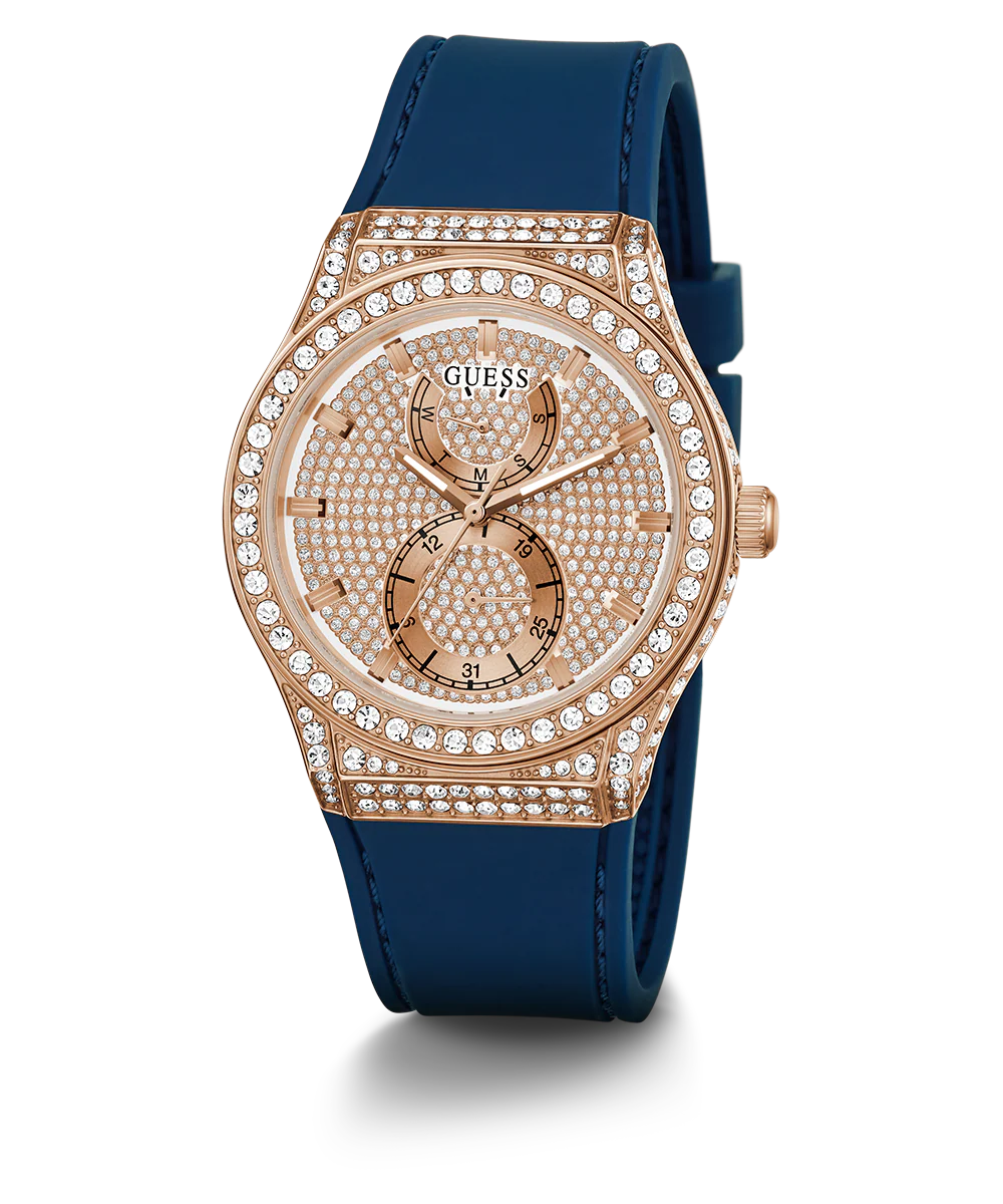 GUESS Ladies Blue Rose Gold Tone Multi-function Watch