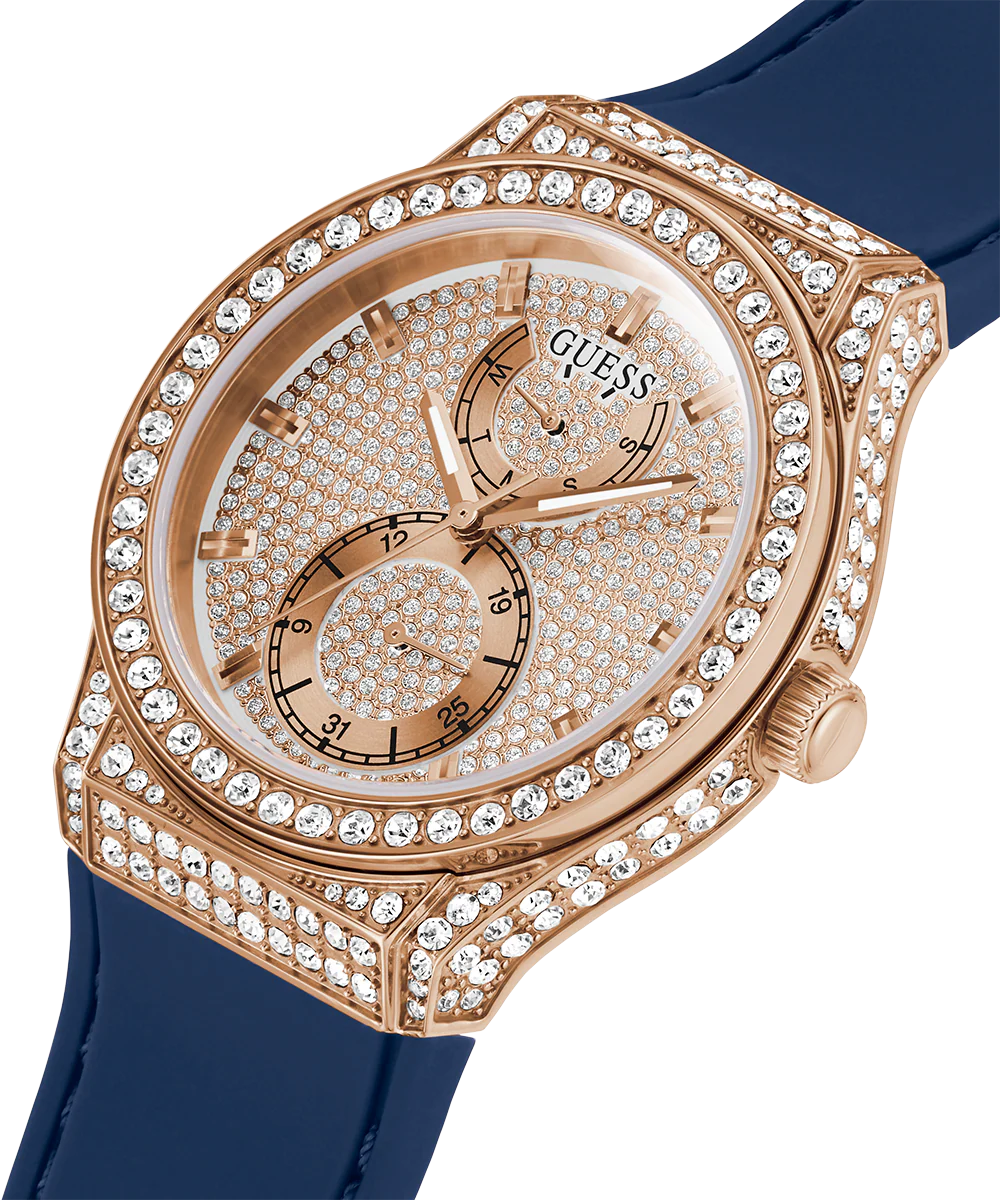 GUESS Ladies Blue Rose Gold Tone Multi-function Watch