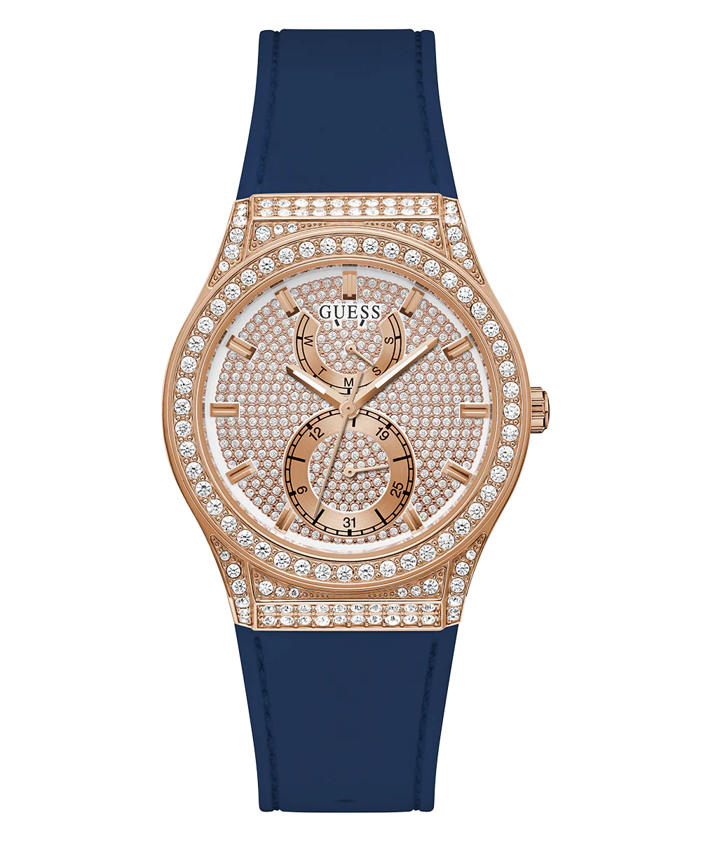 GUESS Ladies Blue Rose Gold Tone Multi-function Watch