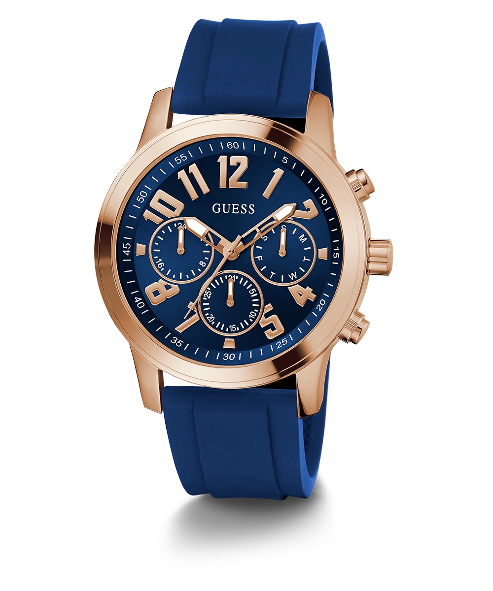 GUESS Mens Blue Rose Gold Tone Multi-function Watch