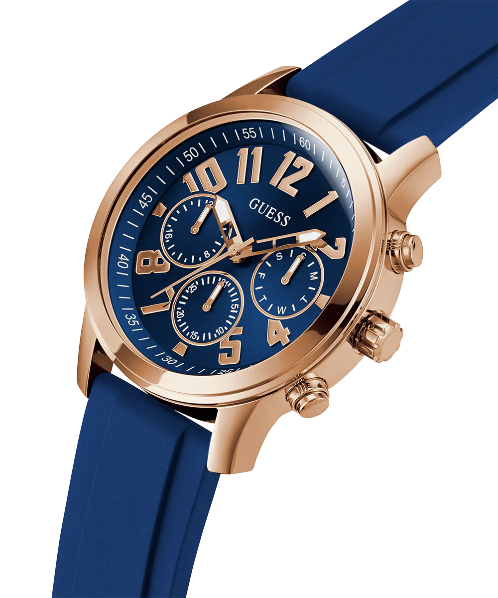 GUESS Mens Blue Rose Gold Tone Multi-function Watch