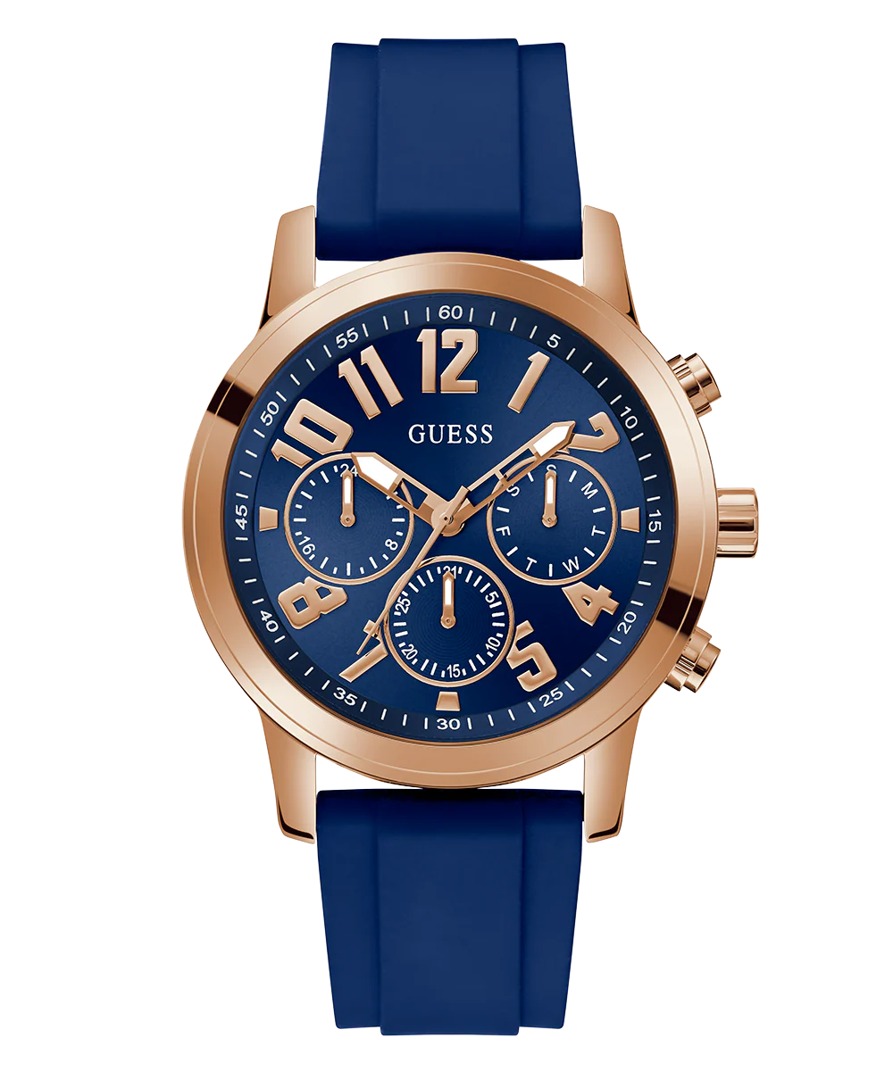 GUESS Mens Blue Rose Gold Tone Multi-function Watch